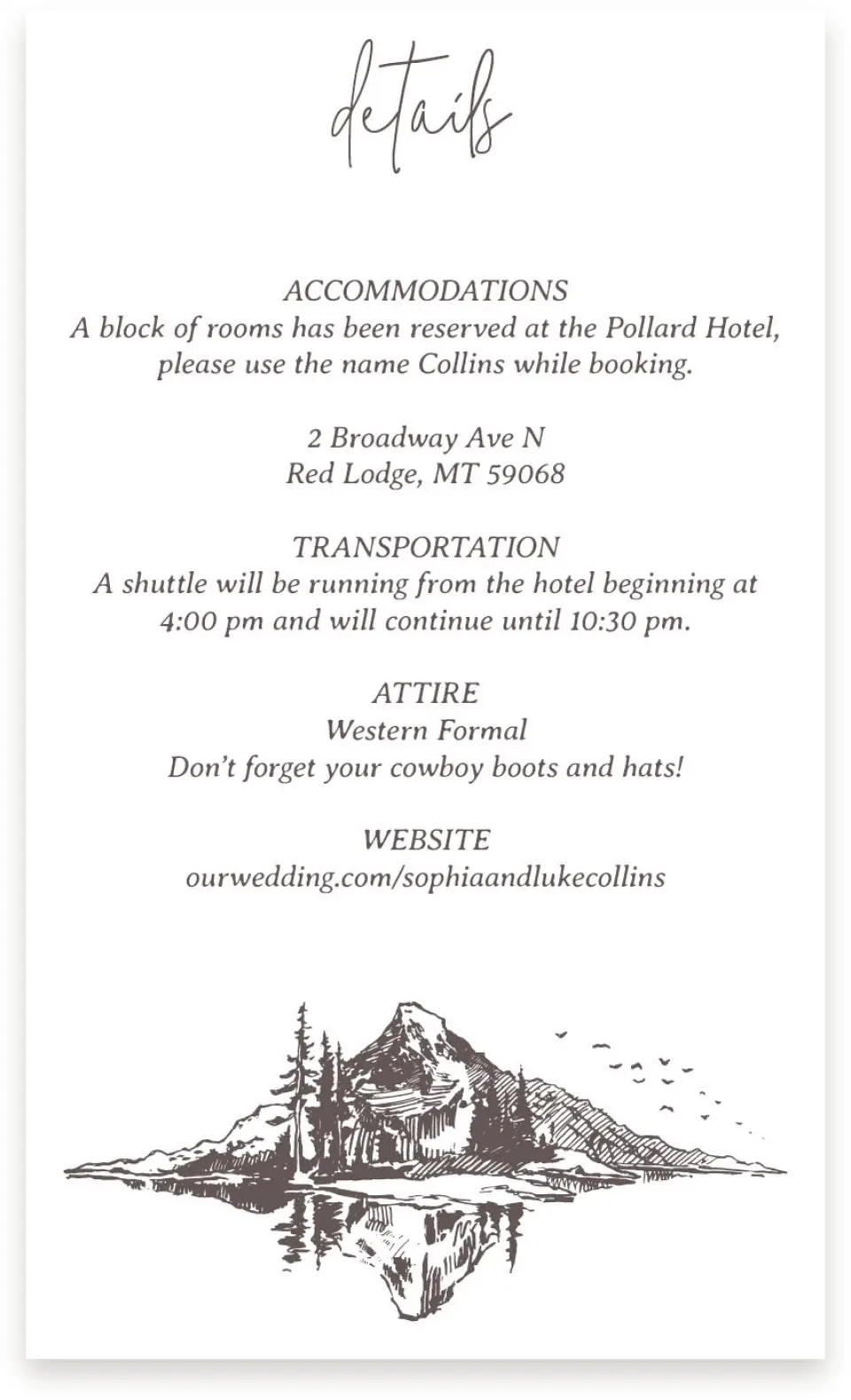 This is a  4" x 6.75" Enclosure Cards (Pocket Invitation) called Mountain Bliss printed in full color on Premium Smooth paper