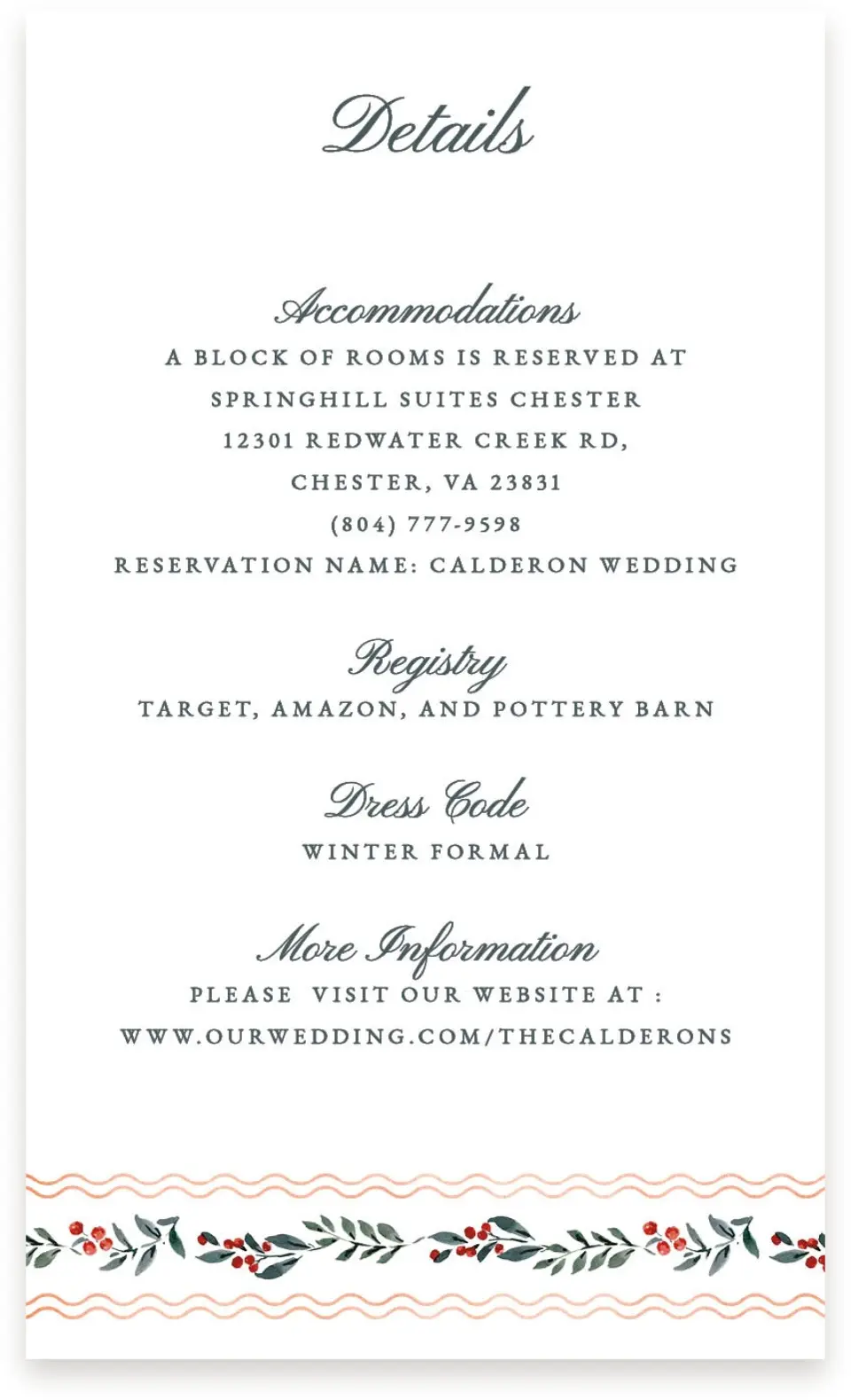 This is a  4" x 6.75" Enclosure Cards (Pocket Invitation) called Heirloom Holly printed in full color on Premium Smooth paper