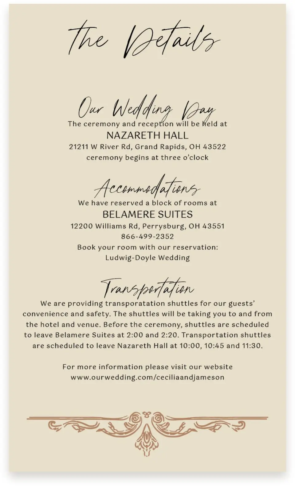 This is a  4" x 6.75" Enclosure Cards (Pocket Invitation) called Nazareth & Stone printed in full color with Rose Gold foil on Luxe Satin (coated) paper