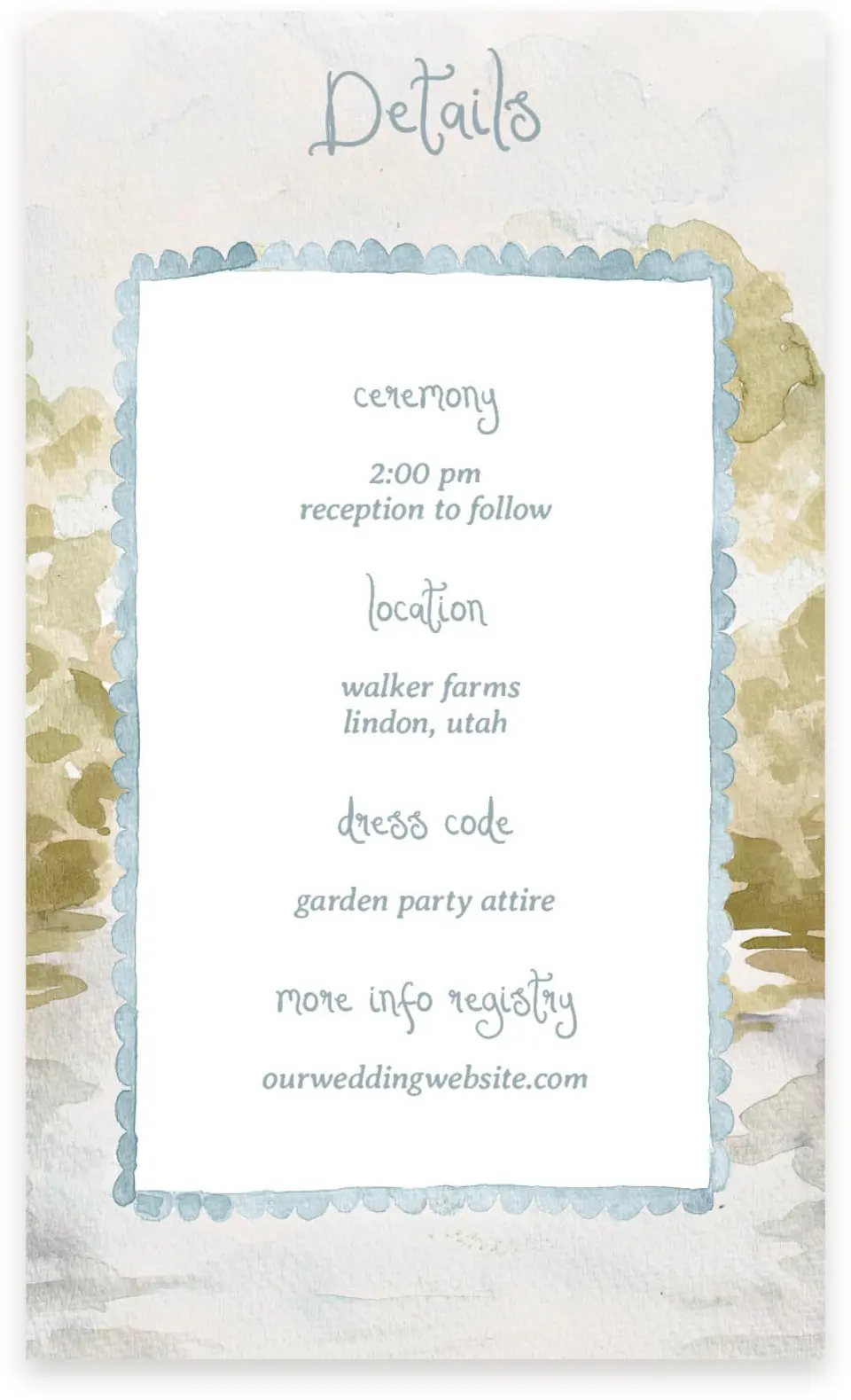 This is a  4" x 6.75" Enclosure Cards (Pocket Invitation) called Soft Meadows printed in full color on Premium Smooth paper