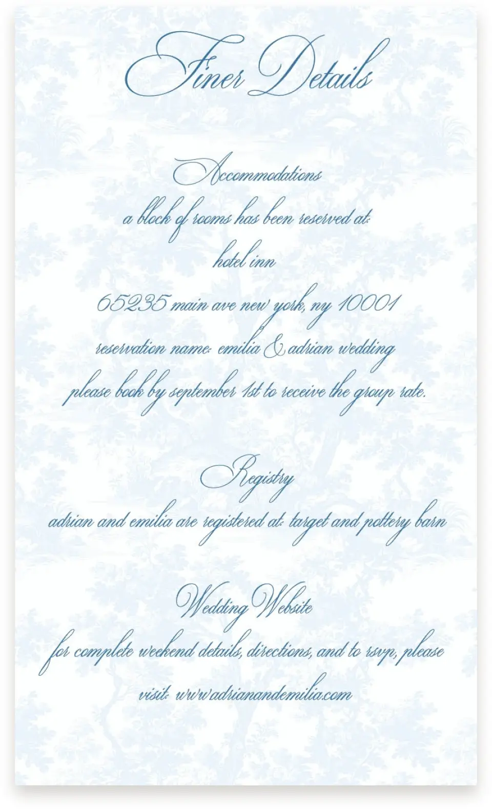 This is a  4" x 6.75" Enclosure Cards (Pocket Invitation) called Blue Toile Romance printed in full color on Premium Smooth paper