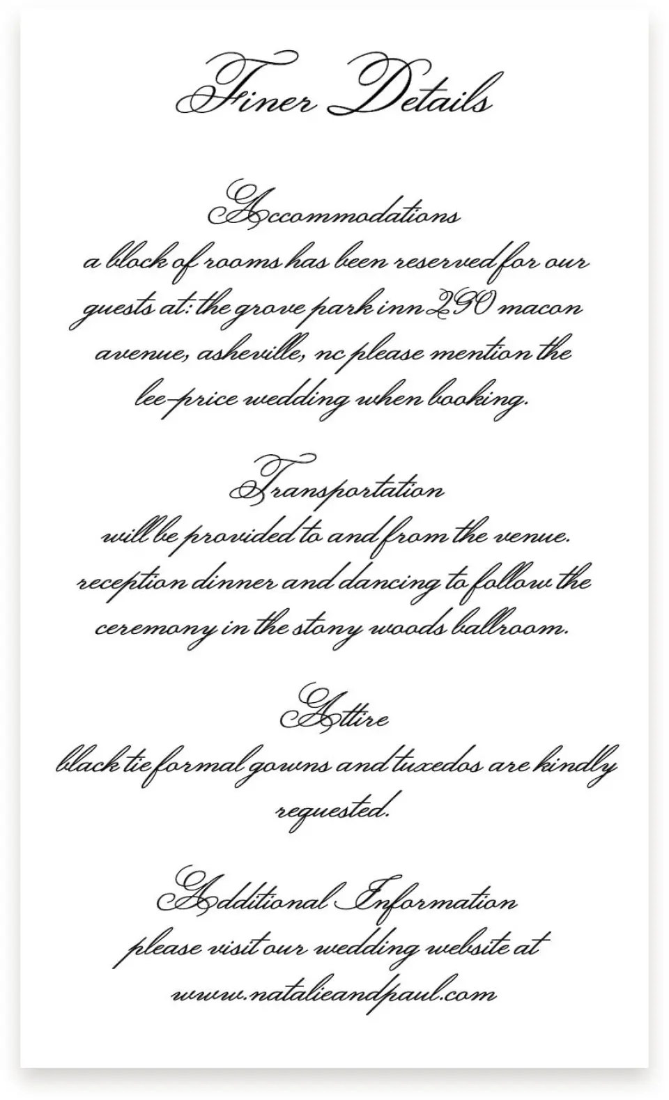 This is a  4" x 6.75" Enclosure Cards (Pocket Invitation) called Formal Script printed in full color on Premium Smooth paper