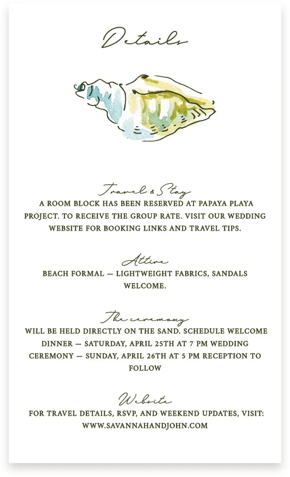 This is a  4" x 6.75" Enclosure Cards (Pocket Invitation) called Whimsical Shells printed in full color on Premium Smooth paper