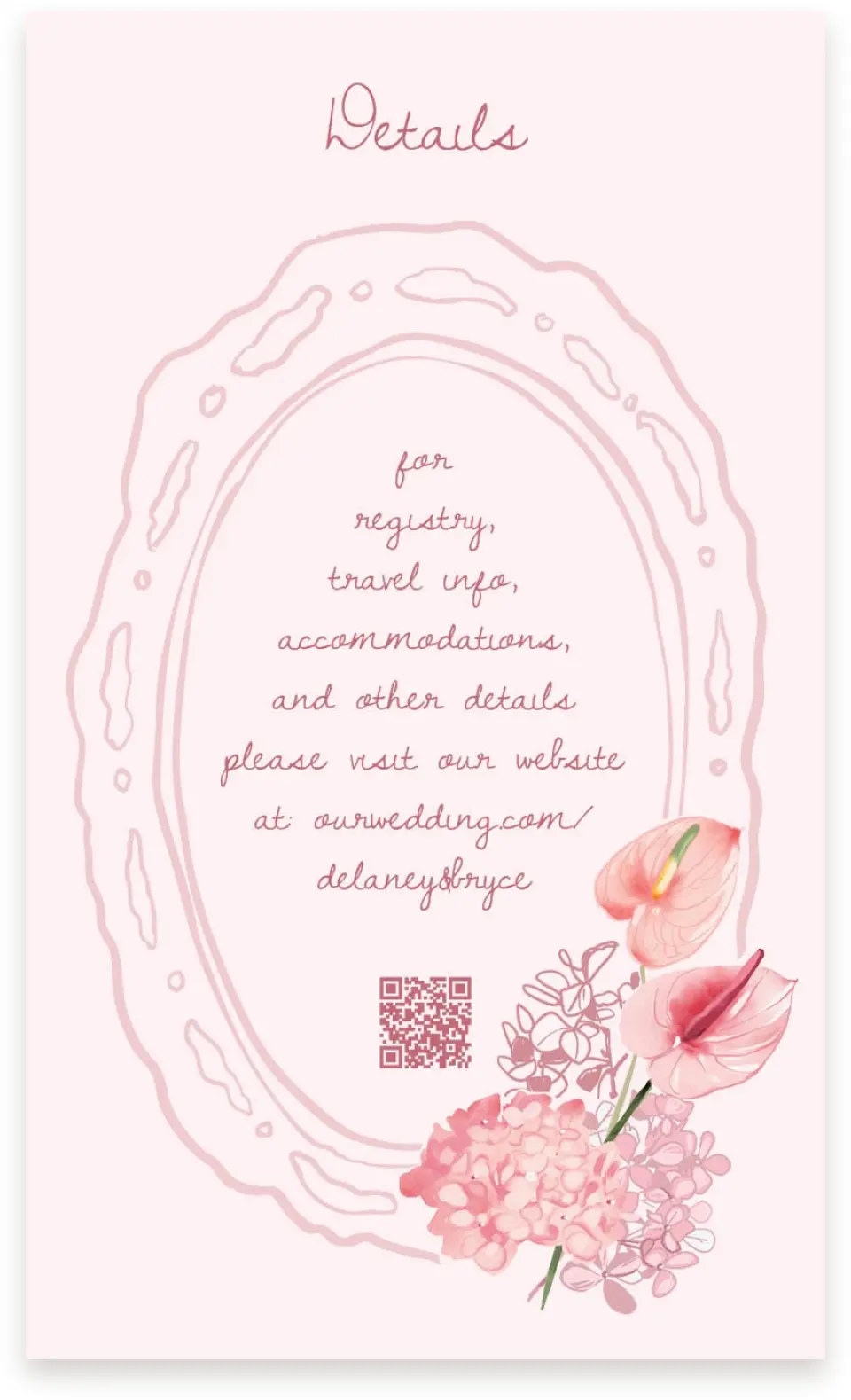 This is a  4" x 6.75" Enclosure Cards (Pocket Invitation) called Blushing Whimsy printed in full color with Gold foil on Premium Smooth paper