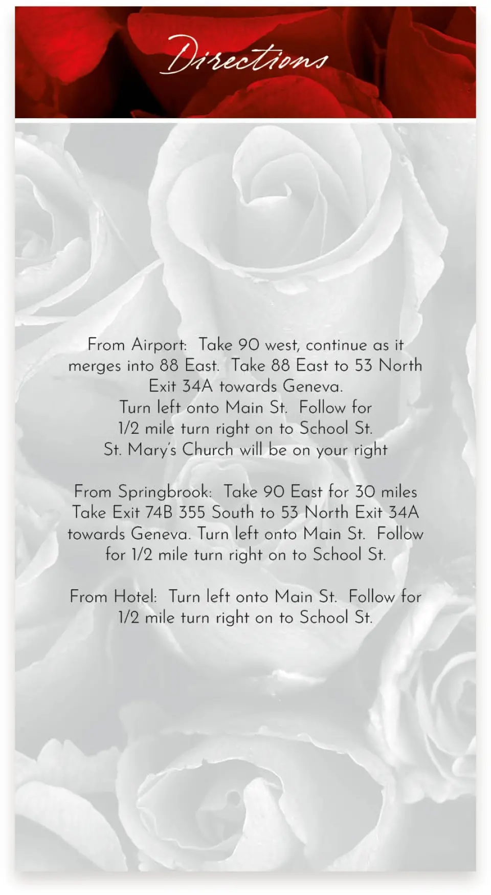 This is a  4" x 7.5" Information Cards (Pocket Invitation) called Dramatic Roses printed in full color on Premium Smooth paper
