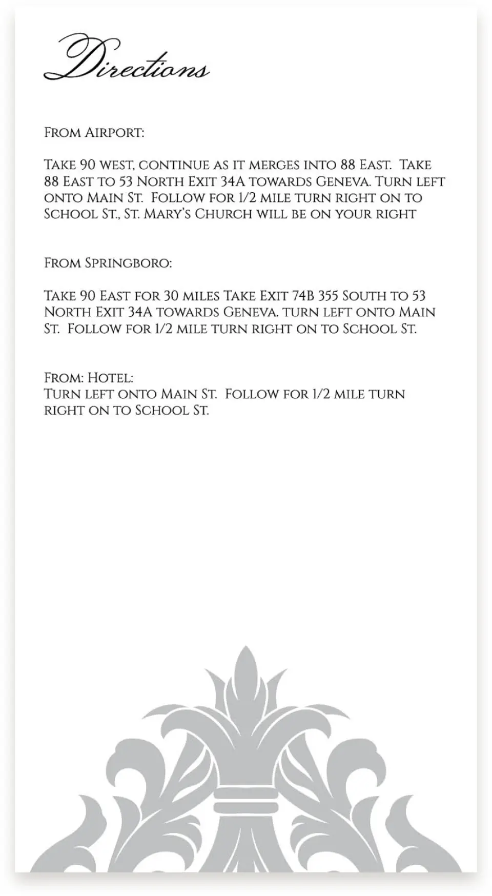 This is a  4" x 7.5" Information Cards (Pocket Invitation) called Damask Elegance printed in full color on Premium Smooth paper