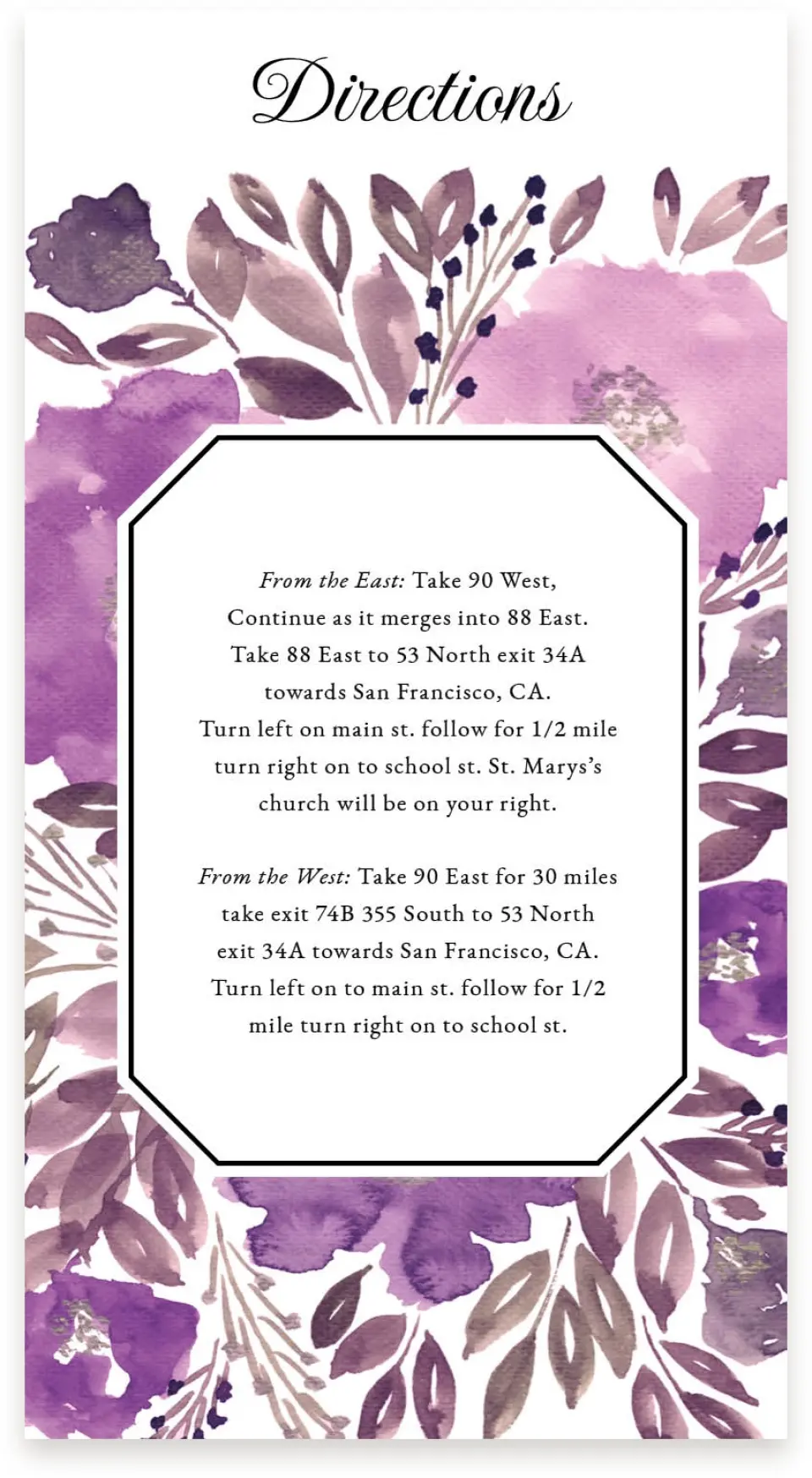 This is a  4" x 7.5" Information Cards (Pocket Invitation) called Violet Watercolor printed in full color on Premium Smooth paper