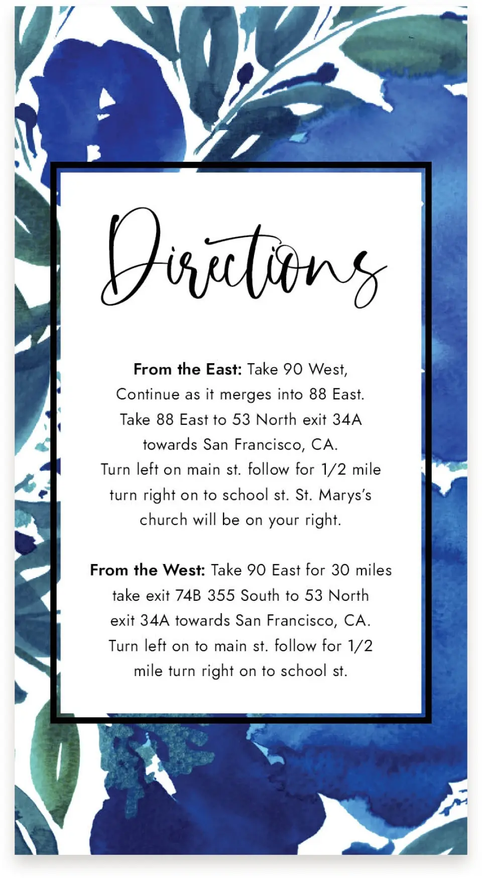 This is a  4" x 7.5" Information Cards (Pocket Invitation) called Blue Blooms printed in full color on Premium Smooth paper