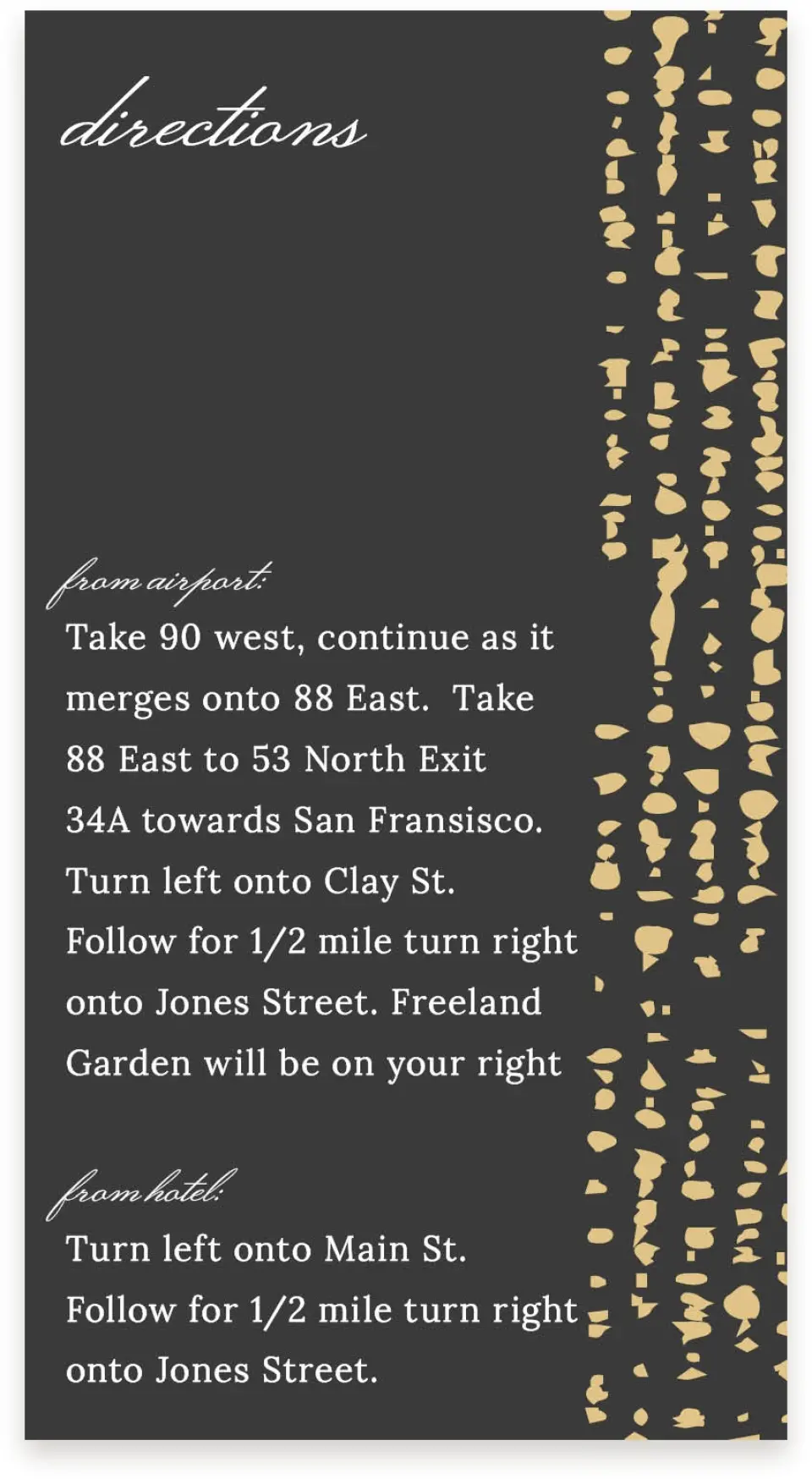 This is a  4" x 7.5" Information Cards (Pocket Invitation) called Cascading Flecks printed in full color on Premium Smooth paper