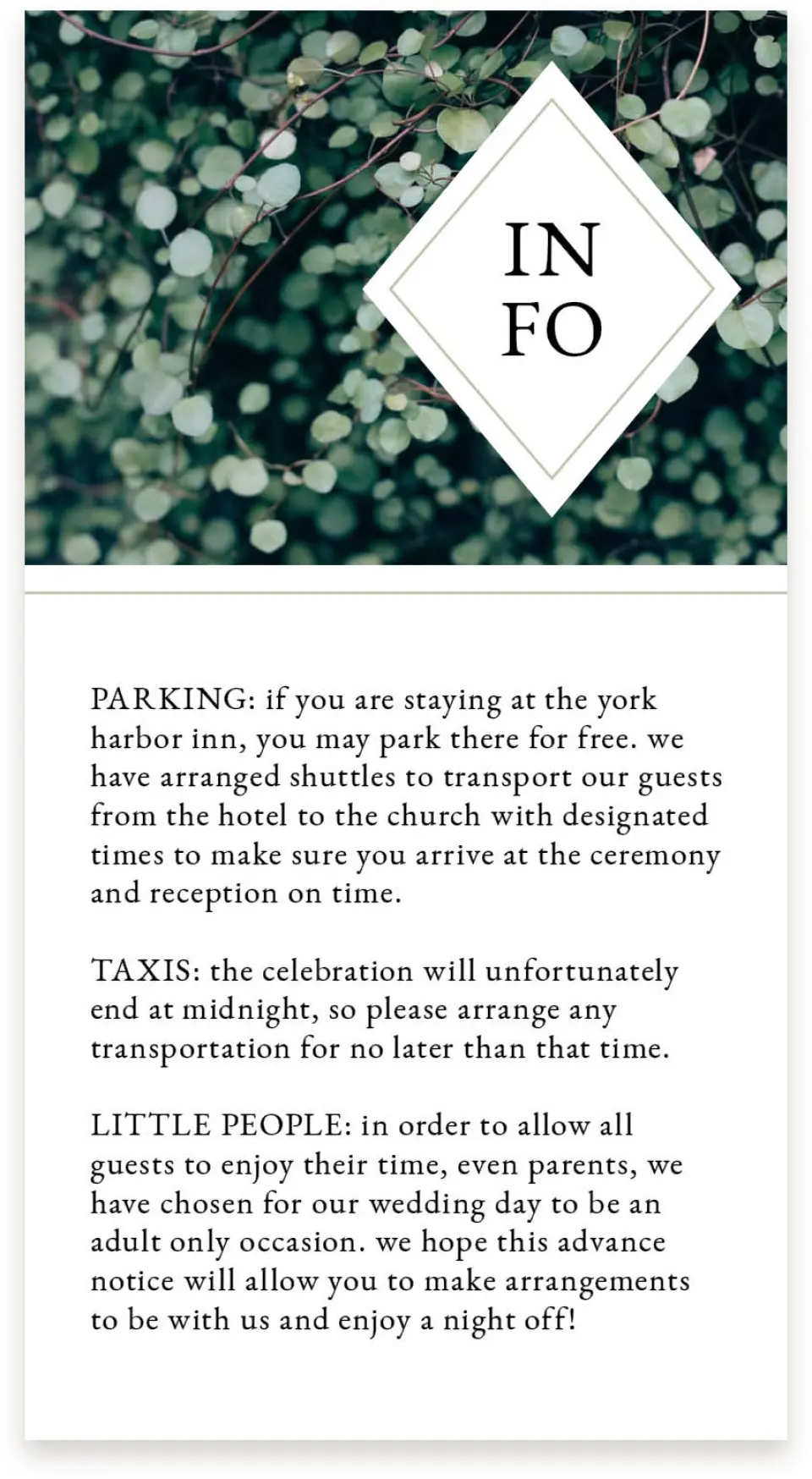 This is a  4" x 7.5" Information Cards (Pocket Invitation) called Vogue Vineyard printed in full color on Premium Smooth paper