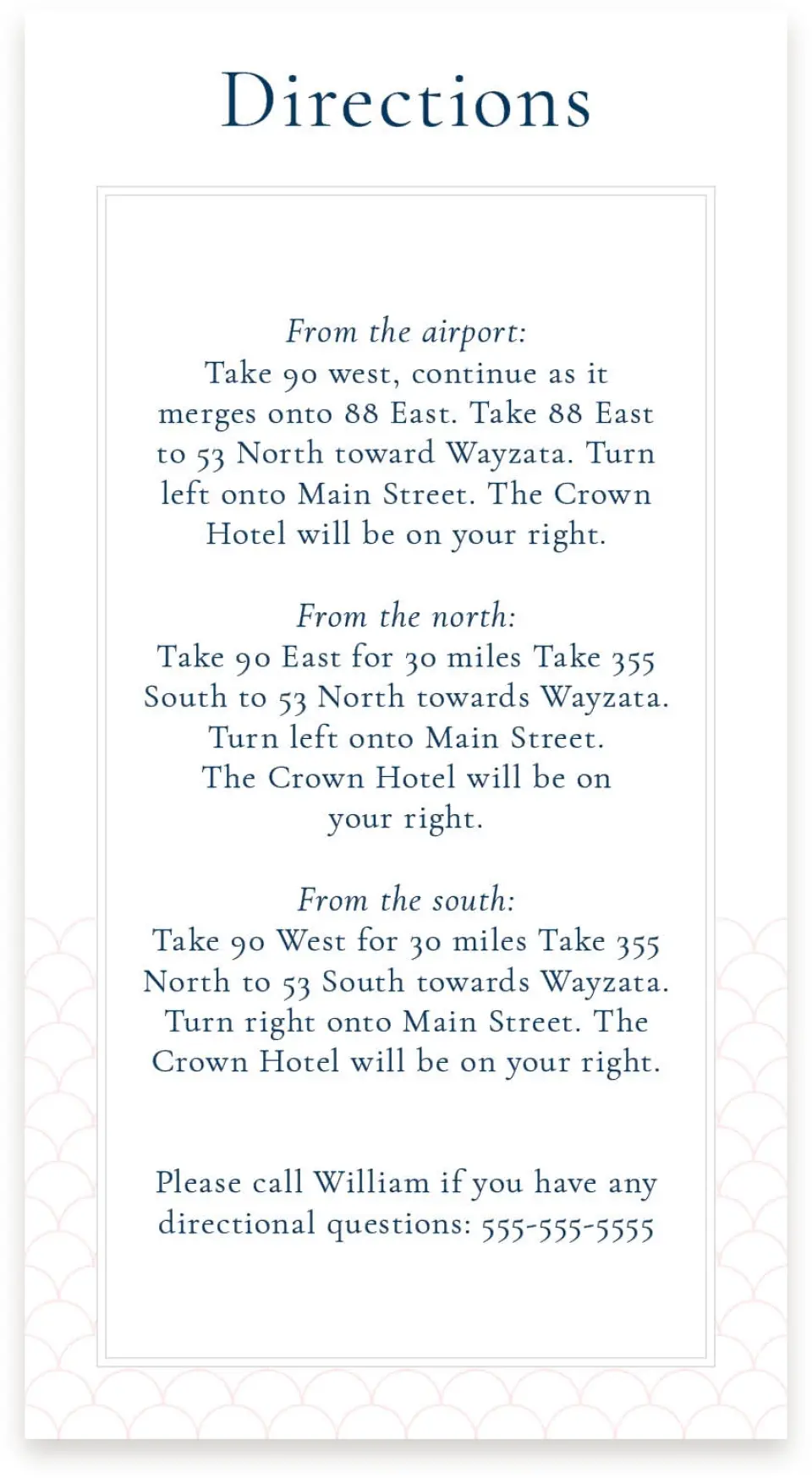 This is a  4" x 7.5" Information Cards (Pocket Invitation) called Simply Scalloped printed in full color on Premium Smooth paper