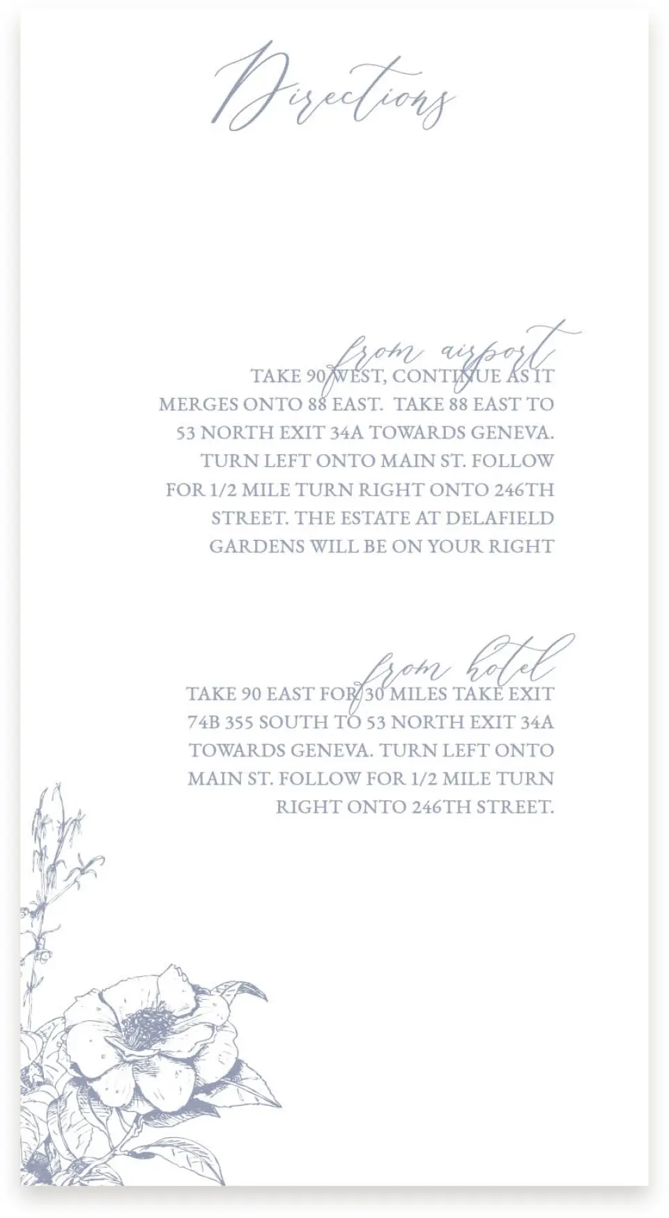 This is a  4" x 7.5" Information Cards (Pocket Invitation) called Gentle Bouquet printed in full color with Silver foil on Luxe Satin (coated) paper