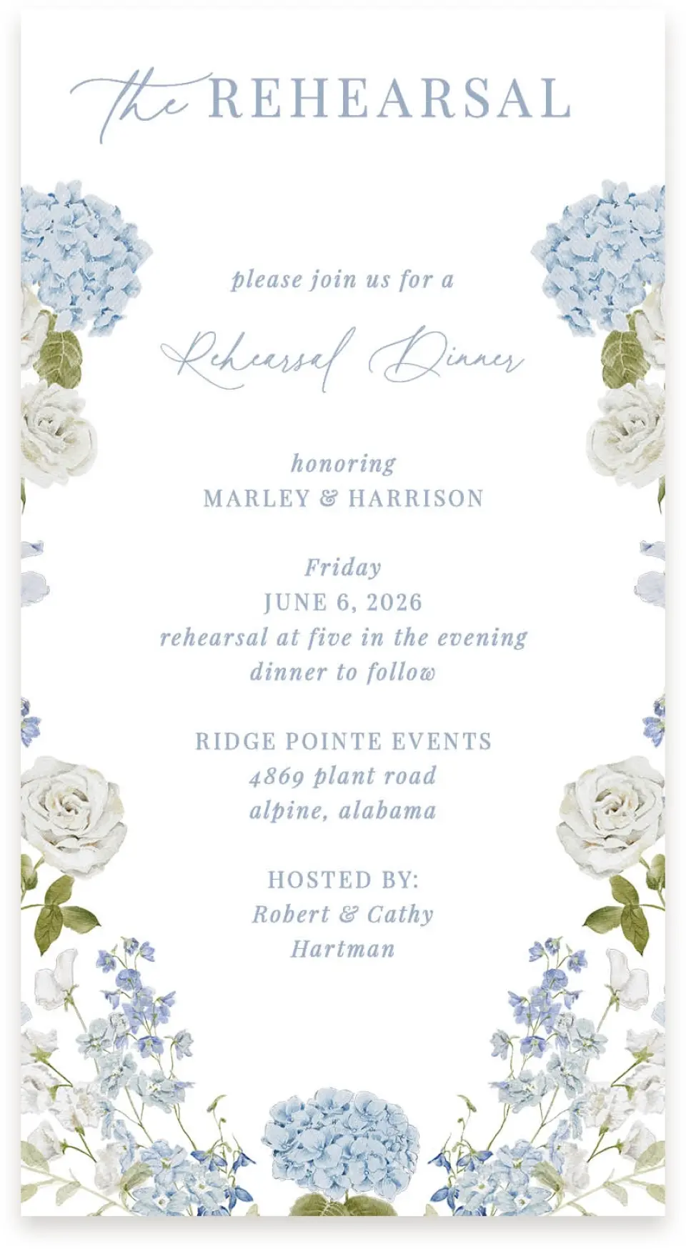 This is a  4" x 7.5" Information Cards (Pocket Invitation) called Blue Blossoms printed in full color on Premium Smooth paper