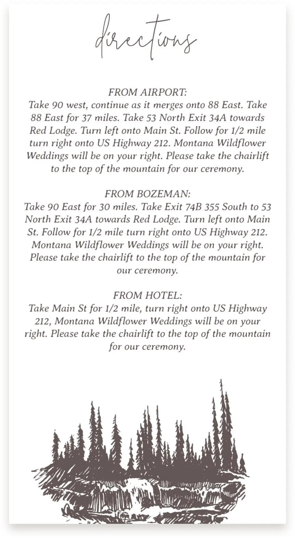 This is a  4" x 7.5" Information Cards (Pocket Invitation) called Mountain Bliss printed in full color with Silver foil on Luxe Satin (coated) paper