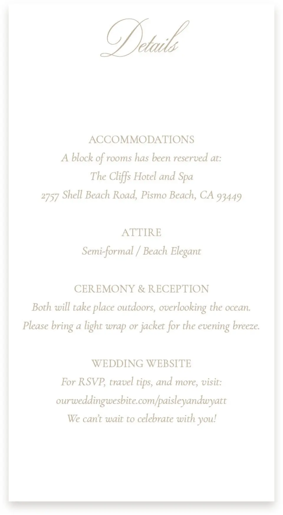 This is a  4" x 7.5" Information Cards (Pocket Invitation) called Kensington printed in full color with Rose Gold foil on Luxe Satin (coated) paper