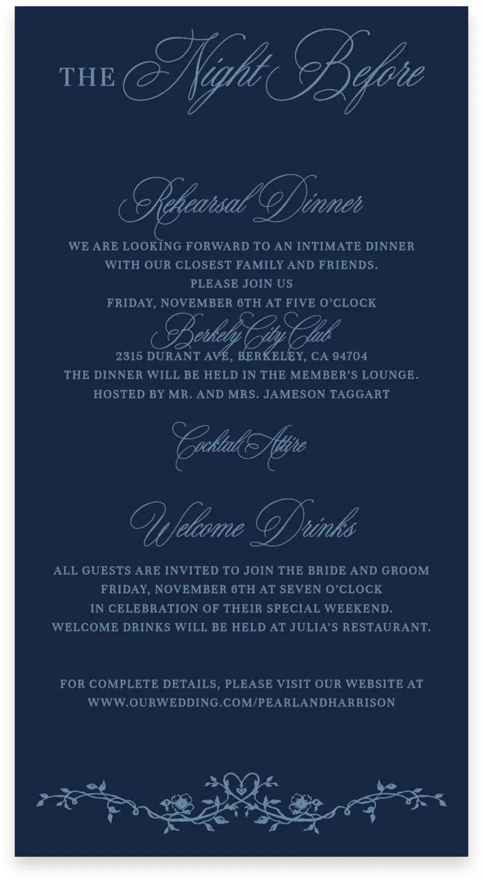 This is a  4" x 7.5" Information Cards (Pocket Invitation) called Berkeley printed in full color with Silver foil on Luxe Satin (coated) paper