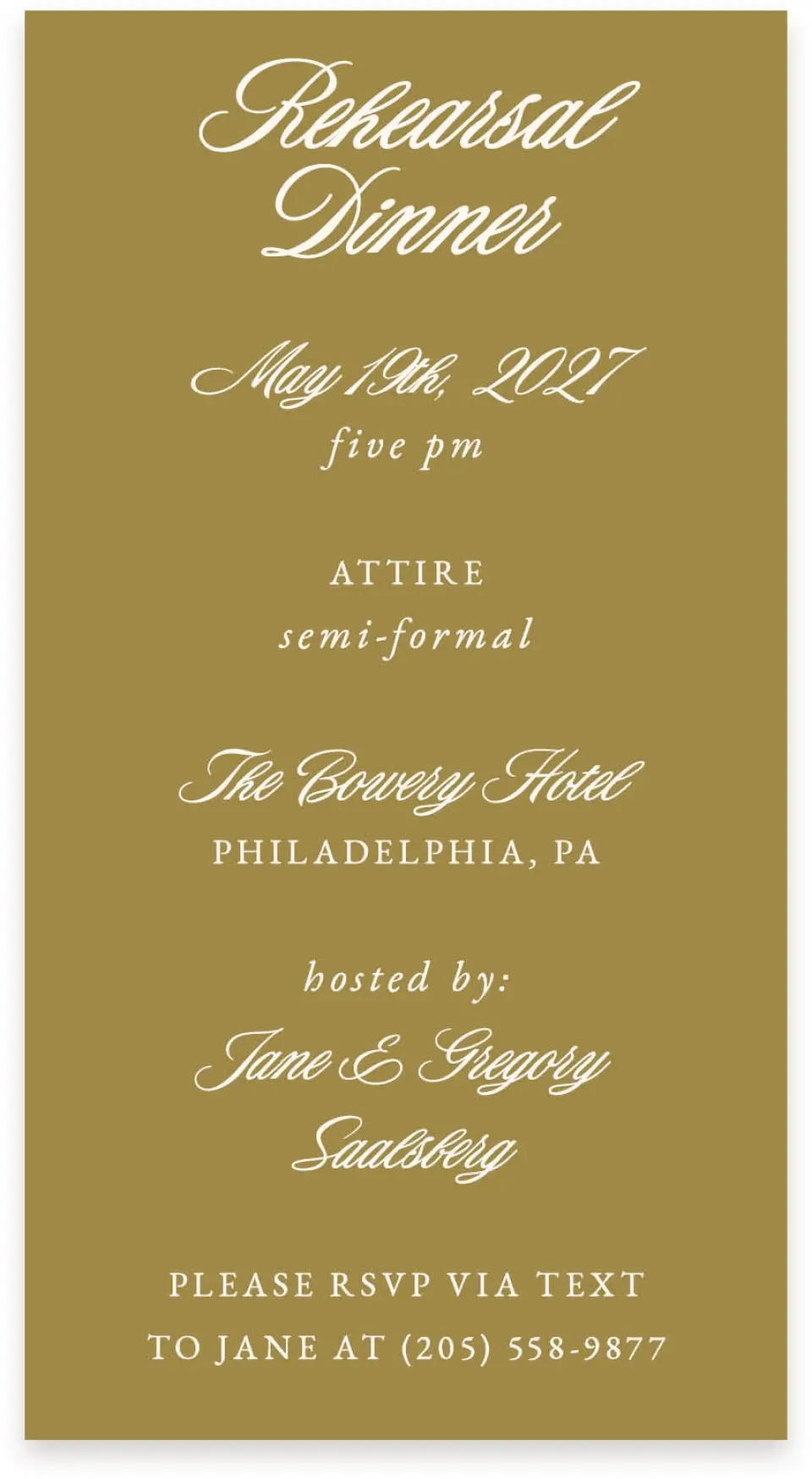 This is a  4" x 7.5" Information Cards (Pocket Invitation) called The Jillian printed in full color with Rose Gold foil on Luxe Satin (coated) paper