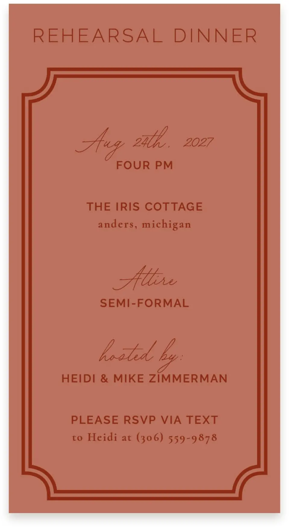 This is a  4" x 7.5" Information Cards (Pocket Invitation) called The Chelsea printed in full color with Rose Gold foil on Luxe Satin (coated) paper