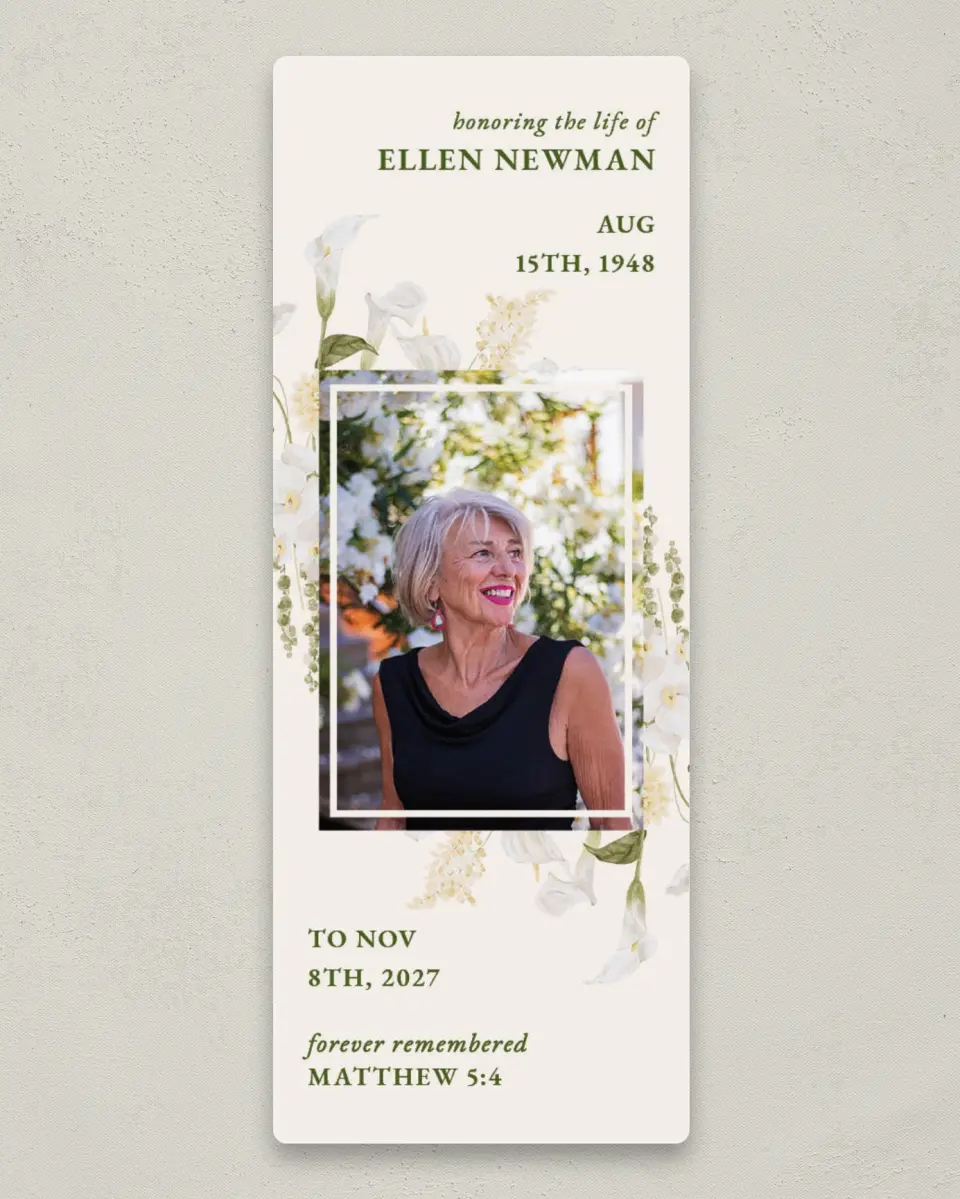 This is a 2¼" x 5⅞" Save the Date Magnet called Lovely Lilies printed in full color with Gold foil and a Luxe Satin finish