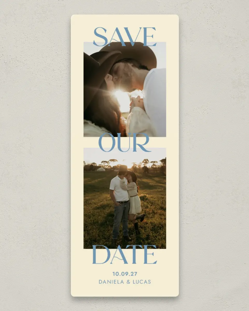 This is a 2¼" x 5⅞" Save the Date Magnet called Our Moment printed in full color with Gold foil and a Luxe Satin finish