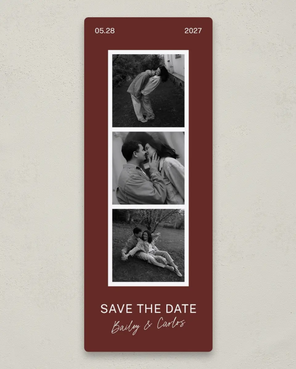 This is a 2¼" x 5⅞" Save the Date Magnet called Modern Memories printed in full color with a Luxe Satin finish