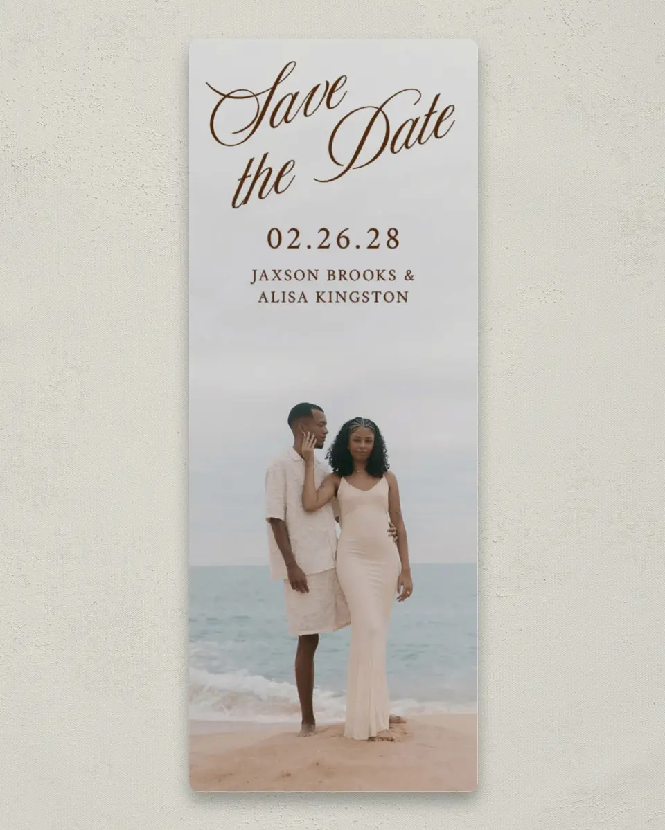 This is a 2¼" x 5⅞" Save the Date Magnet called Endless Devotion printed in full color with Silver foil and a Luxe Satin finish
