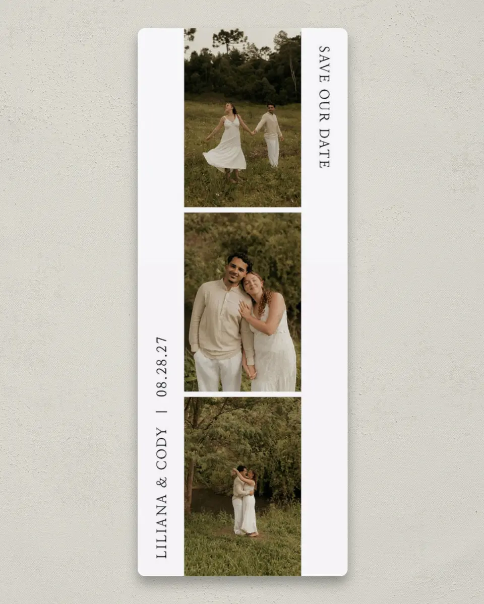 This is a 2¼" x 5⅞" Save the Date Magnet called Simply Love printed in full color with Gold foil and a Luxe Satin finish