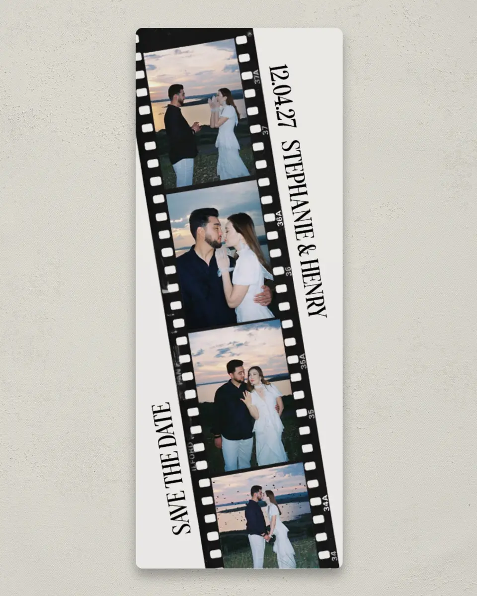 This is a 2¼" x 5⅞" Save the Date Magnet called Vintage Film Strip printed in full color with a Luxe Satin finish