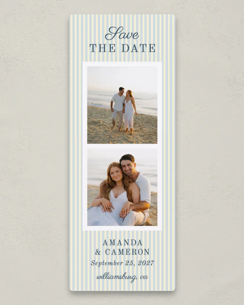 This is a 2¼" x 5⅞" Save the Date Magnet called Sweetly Striped printed in full color with a Luxe Satin finish