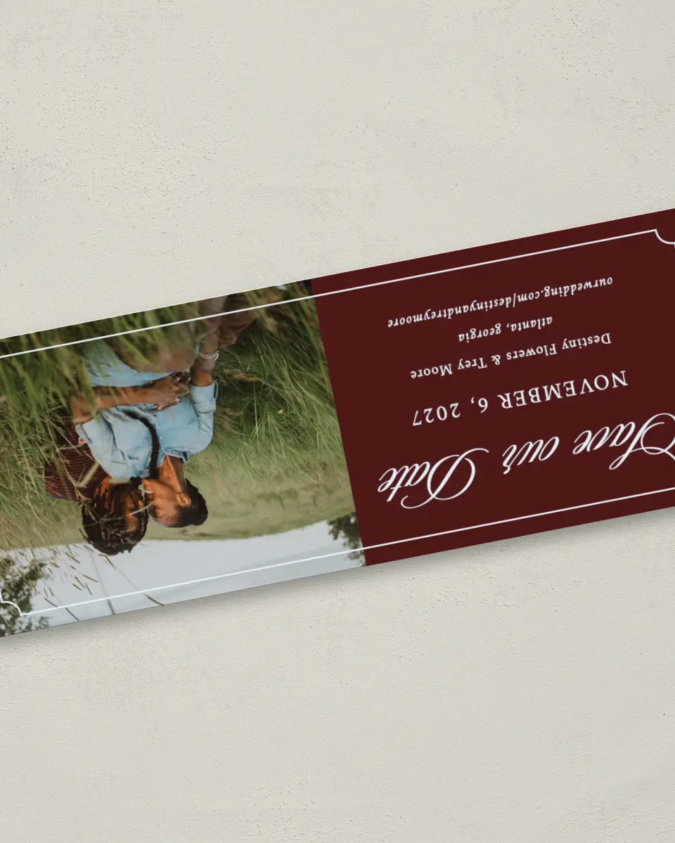 This is a 2¼" x 5⅞" Save the Date Magnet called Simply Beloved printed in full color with Gold foil and a Luxe Satin finish