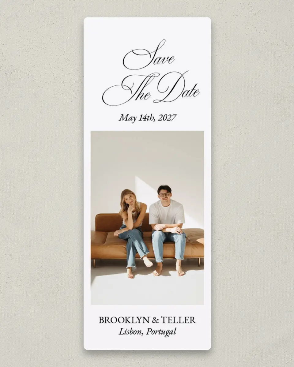This is a 2¼" x 5⅞" Save the Date Magnet called Hearts Aligned printed in full color with a Luxe Satin finish