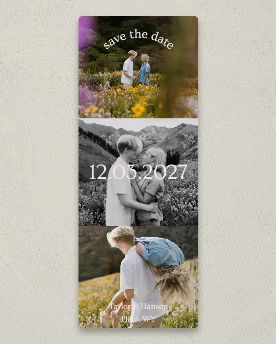 This is a 2¼" x 5⅞" Save the Date Magnet called Love, Always printed in full color with Gold foil and a Luxe Satin finish