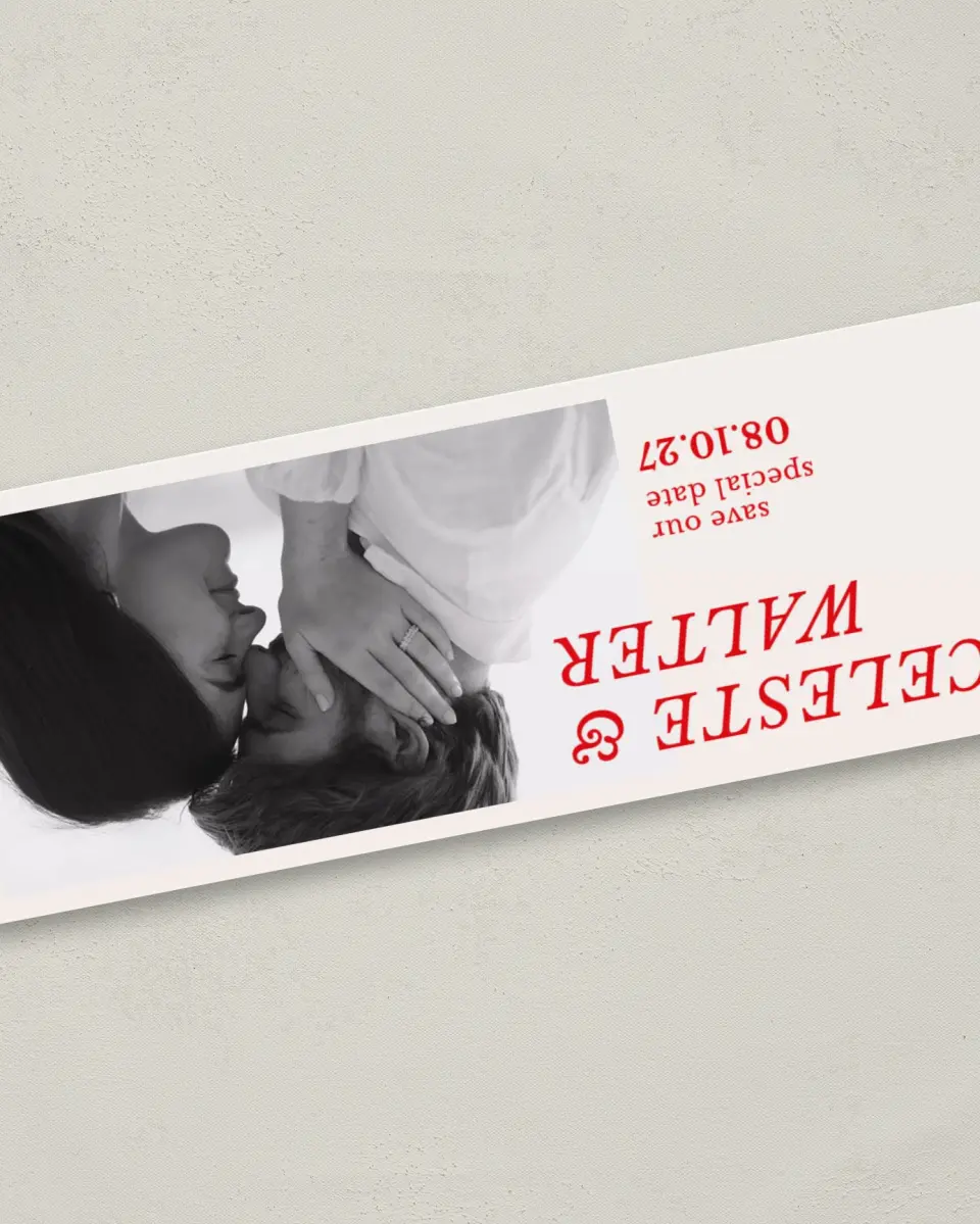 This is a 2¼" x 5⅞" Save the Date Magnet called Cinematic Love printed in full color with Gold foil and a Luxe Satin finish