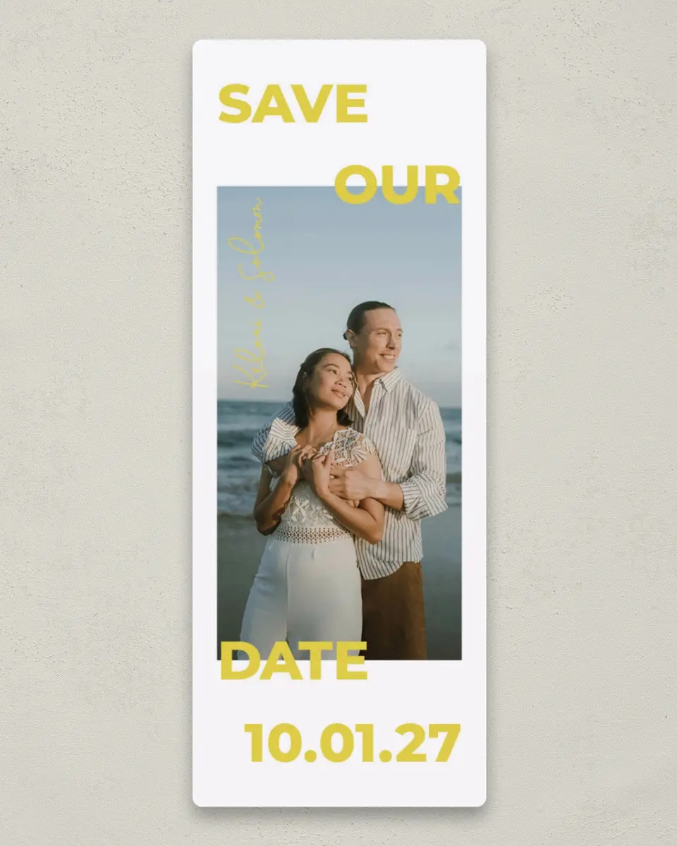 This is a 2¼" x 5⅞" Save the Date Magnet called Typed Love printed in full color with a Luxe Satin finish