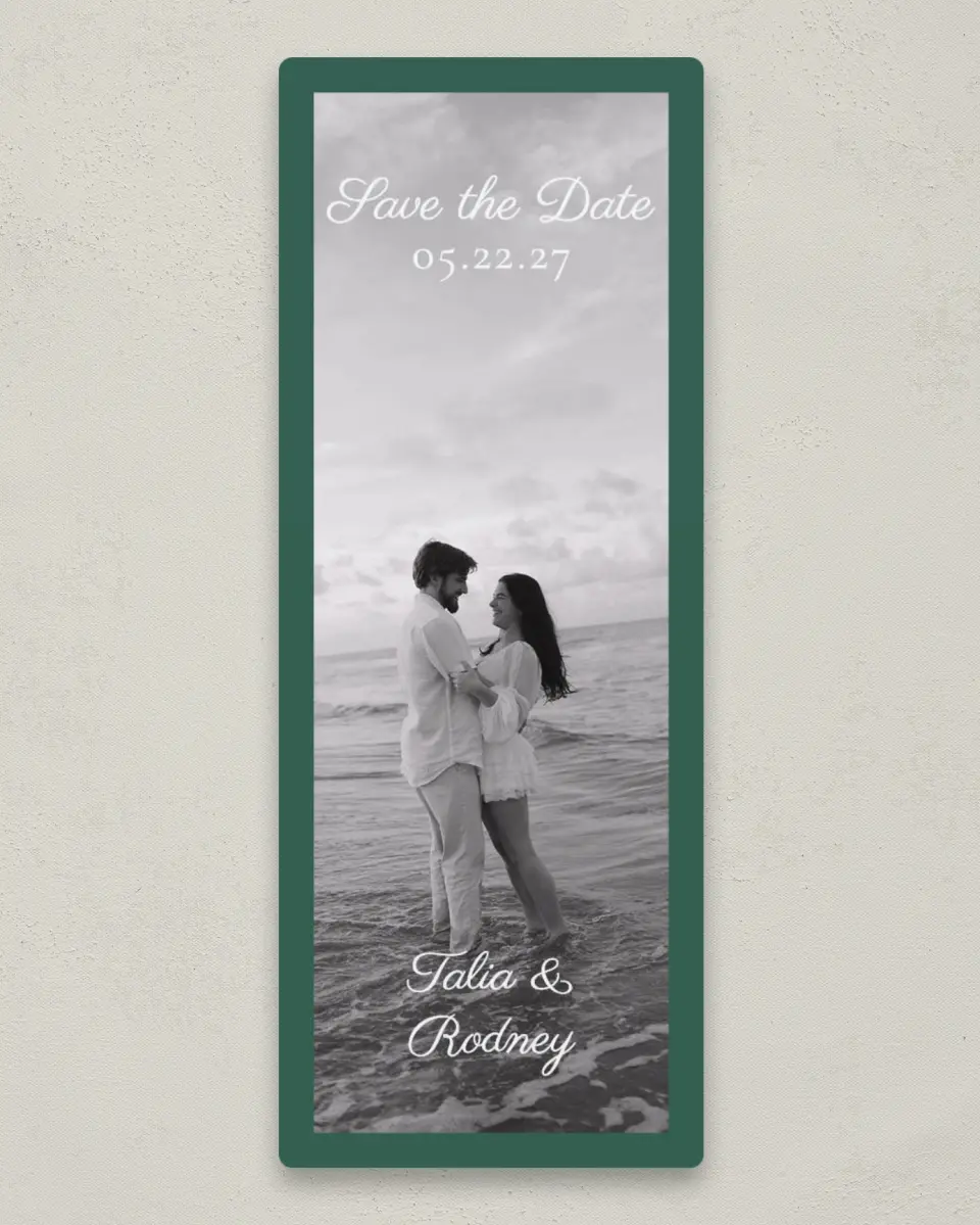 This is a 2¼" x 5⅞" Save the Date Magnet called Playful Love printed in full color with Silver foil and a Luxe Satin finish