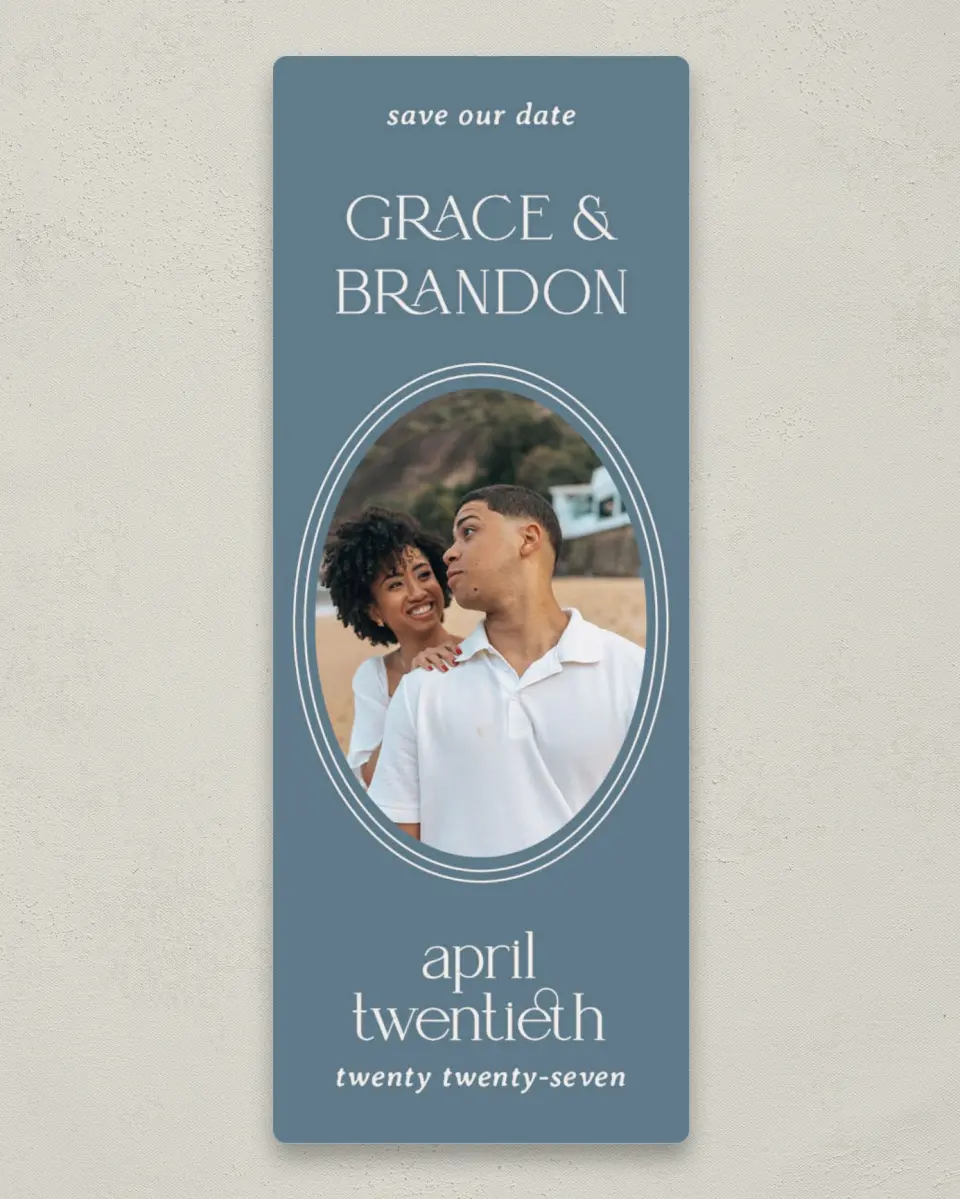 This is a 2¼" x 5⅞" Save the Date Magnet called Sweet Nothings printed in full color with Rose Gold foil and a Luxe Satin finish