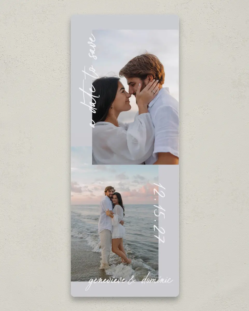 This is a 2¼" x 5⅞" Save the Date Magnet called Cotton Candy Skies printed in full color with a Luxe Satin finish