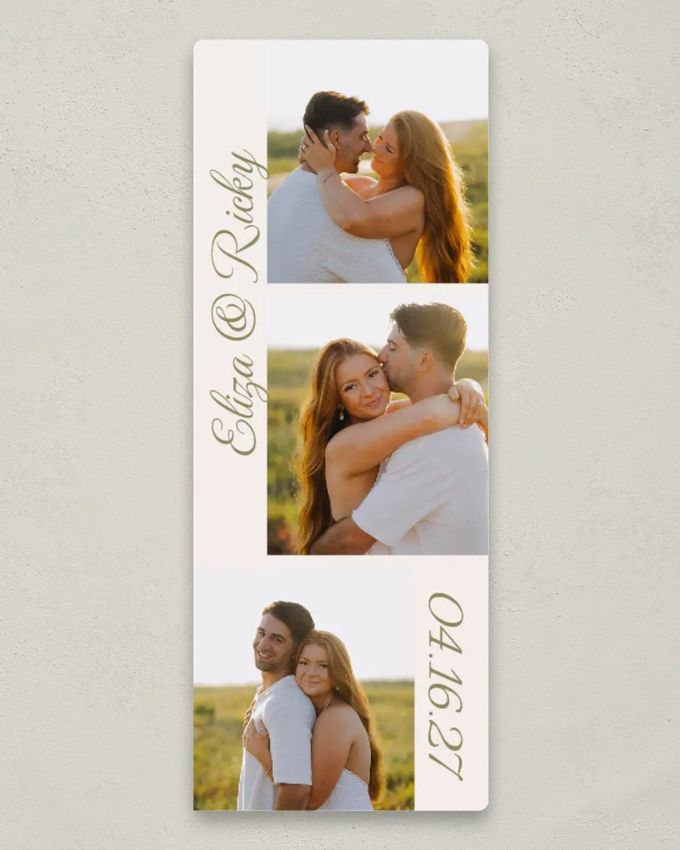 This is a 2¼" x 5⅞" Save the Date Magnet called Golden & in Love printed in full color with Rose Gold foil and a Luxe Satin finish
