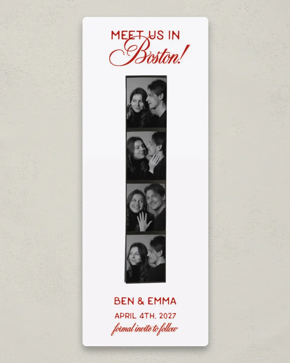 This is a 2¼" x 5⅞" Save the Date Magnet called Retro Film Strip printed in full color with a Luxe Satin finish