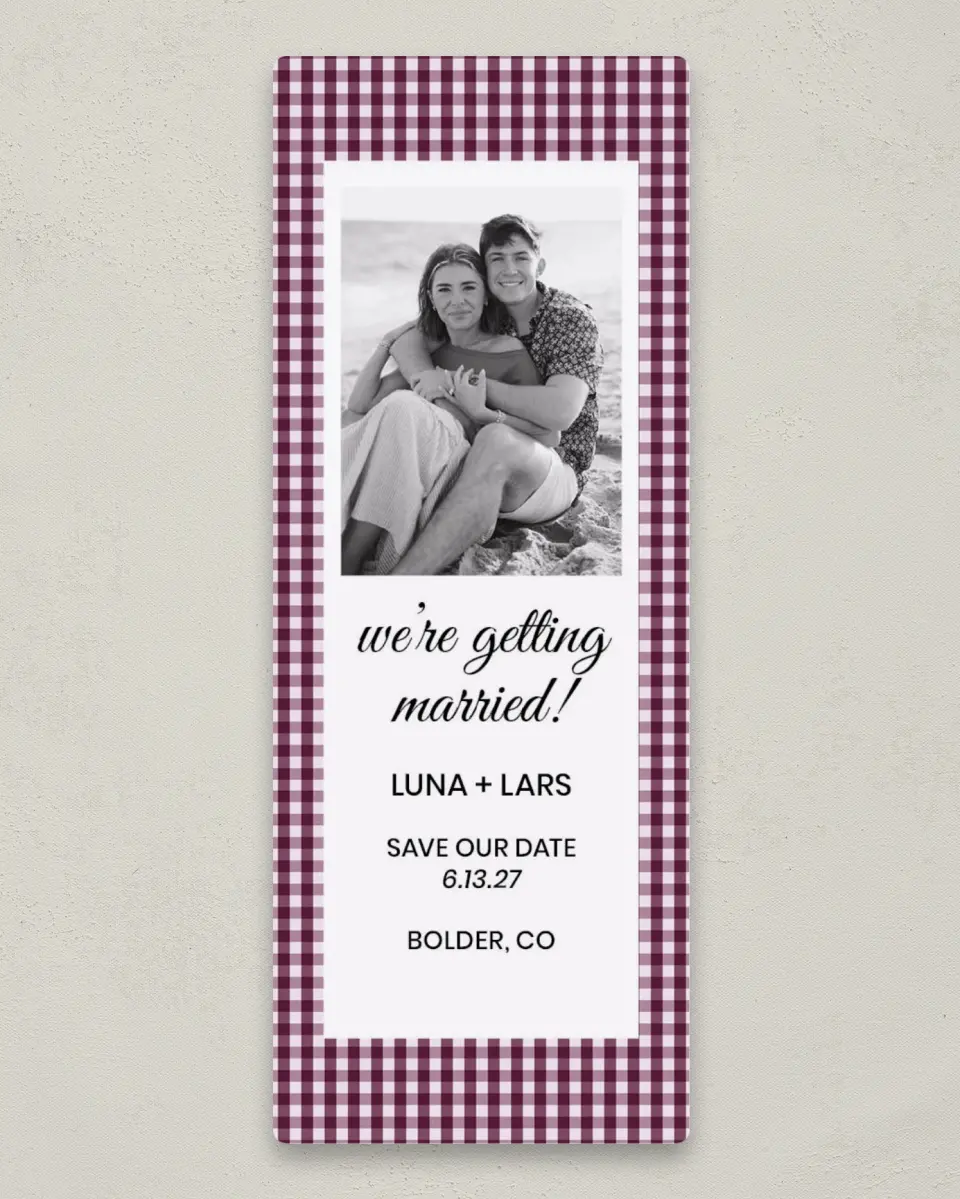 This is a 2¼" x 5⅞" Save the Date Magnet called Sweet Gingham printed in full color with a Luxe Satin finish