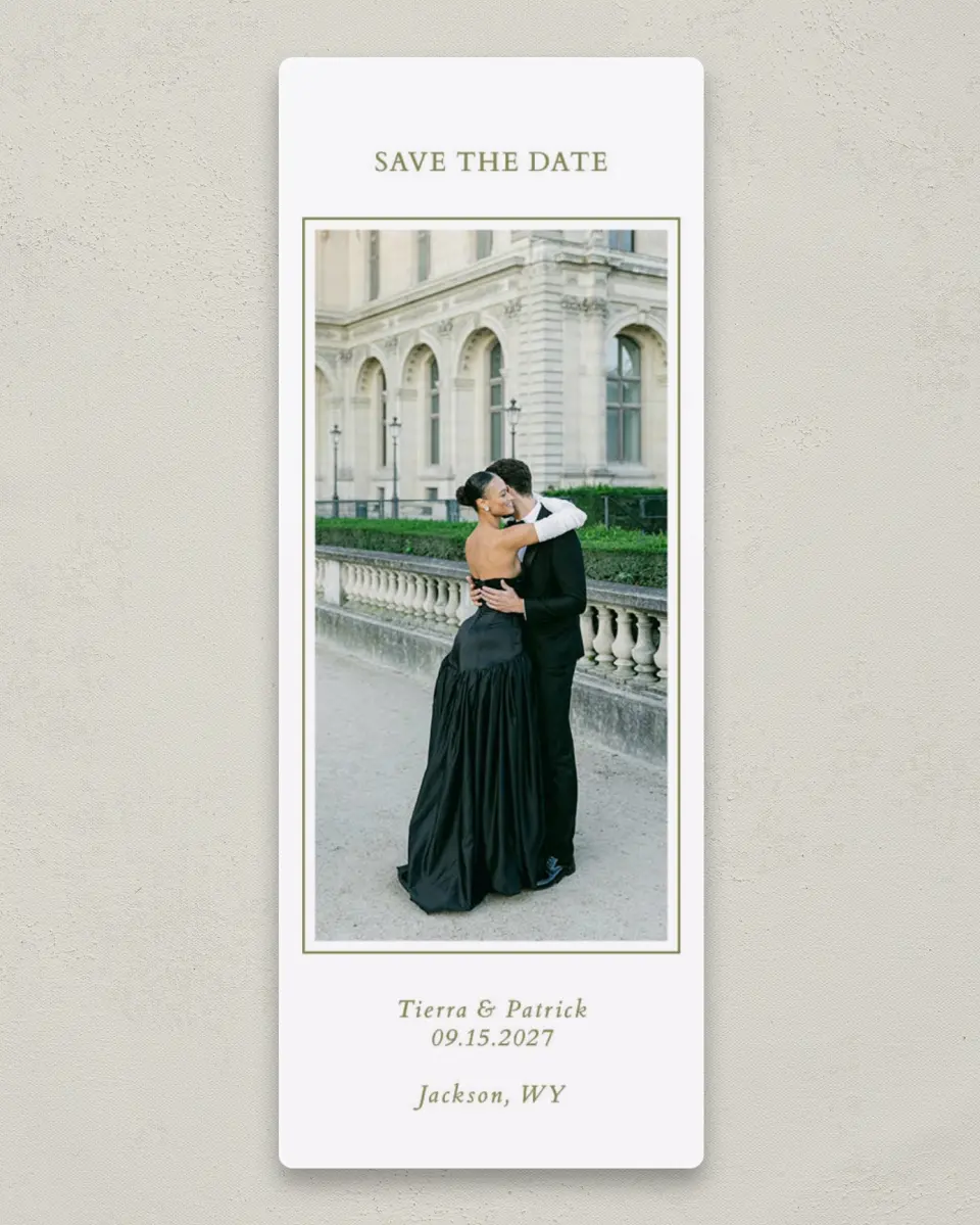 This is a 2¼" x 5⅞" Save the Date Magnet called Timeless Romance printed in full color with a Luxe Satin finish