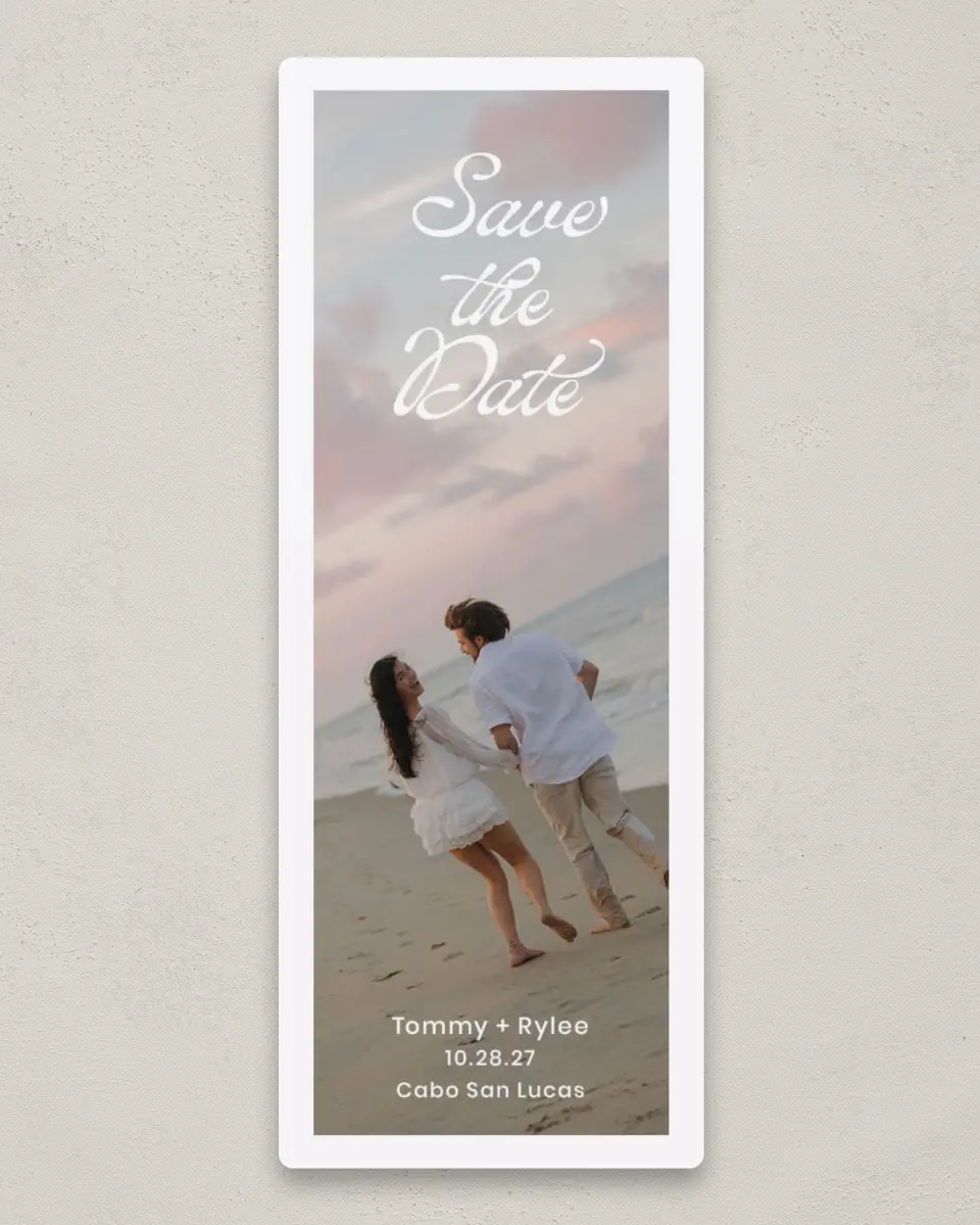This is a 2¼" x 5⅞" Save the Date Magnet called Lasting Promise printed in full color with a Luxe Satin finish