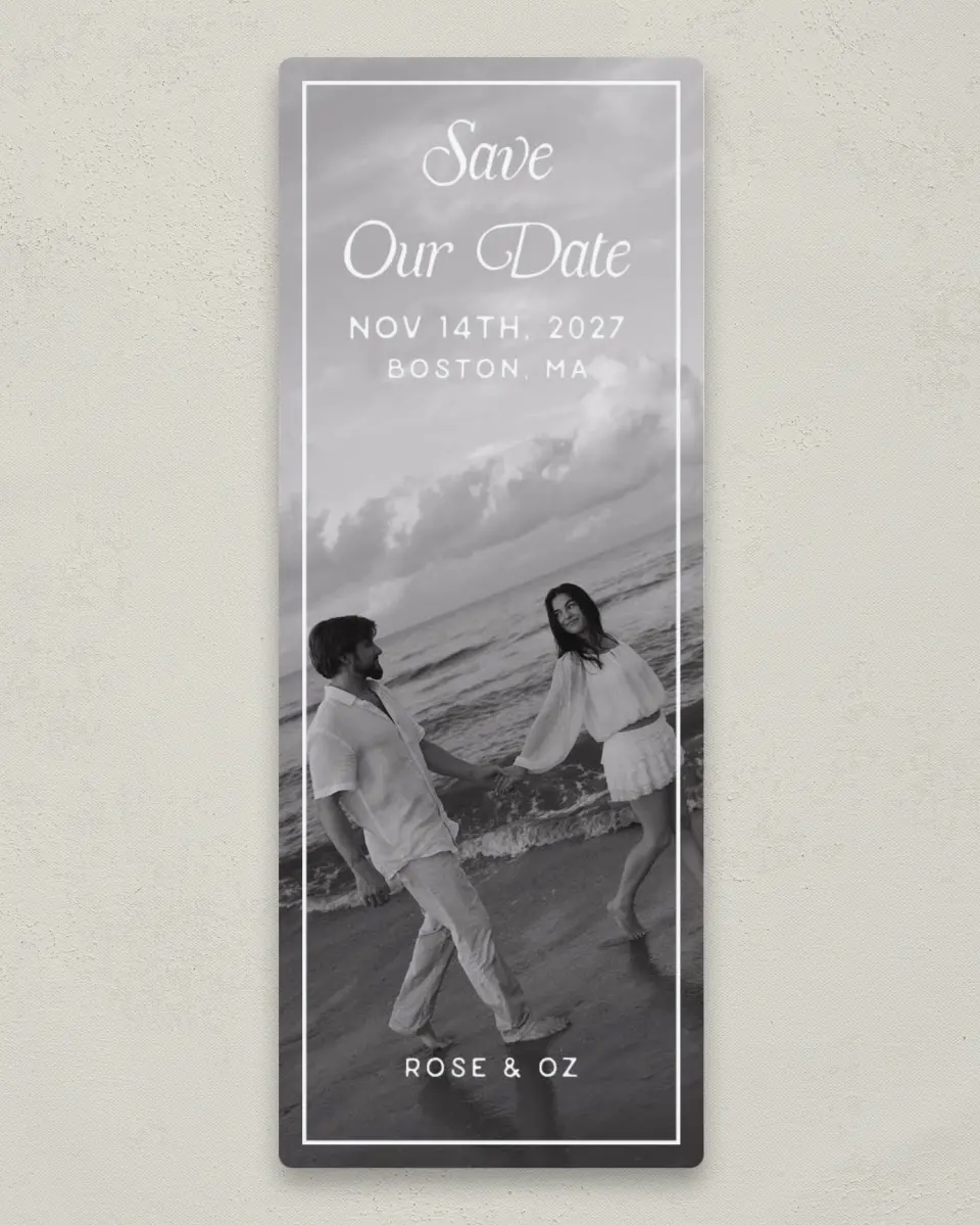 This is a 2¼" x 5⅞" Save the Date Magnet called The Rosemary printed in full color with a Luxe Satin finish
