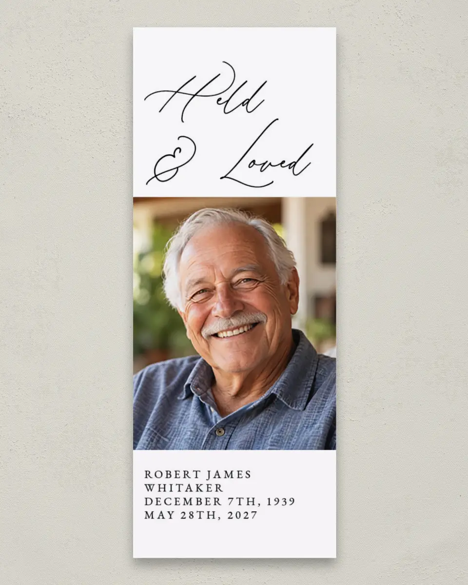 This is a 2¼" x 5⅞" Memorial Bookmark called Held & Loved printed in full color on Premium Smooth paper