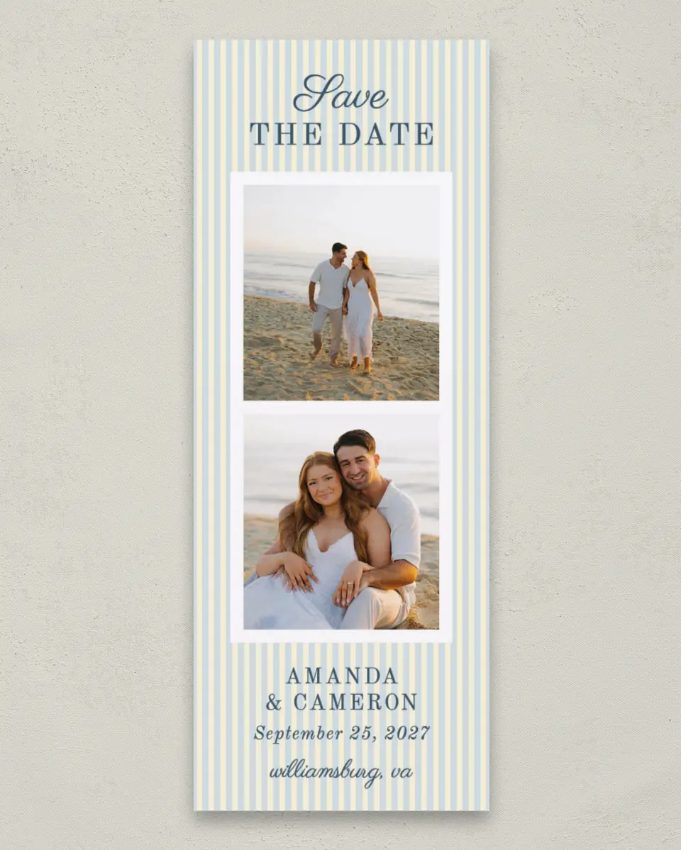 This is a 2¼" x 5⅞" Birth Announcement Card called Sweetly Striped printed in full color on Premium Smooth paper