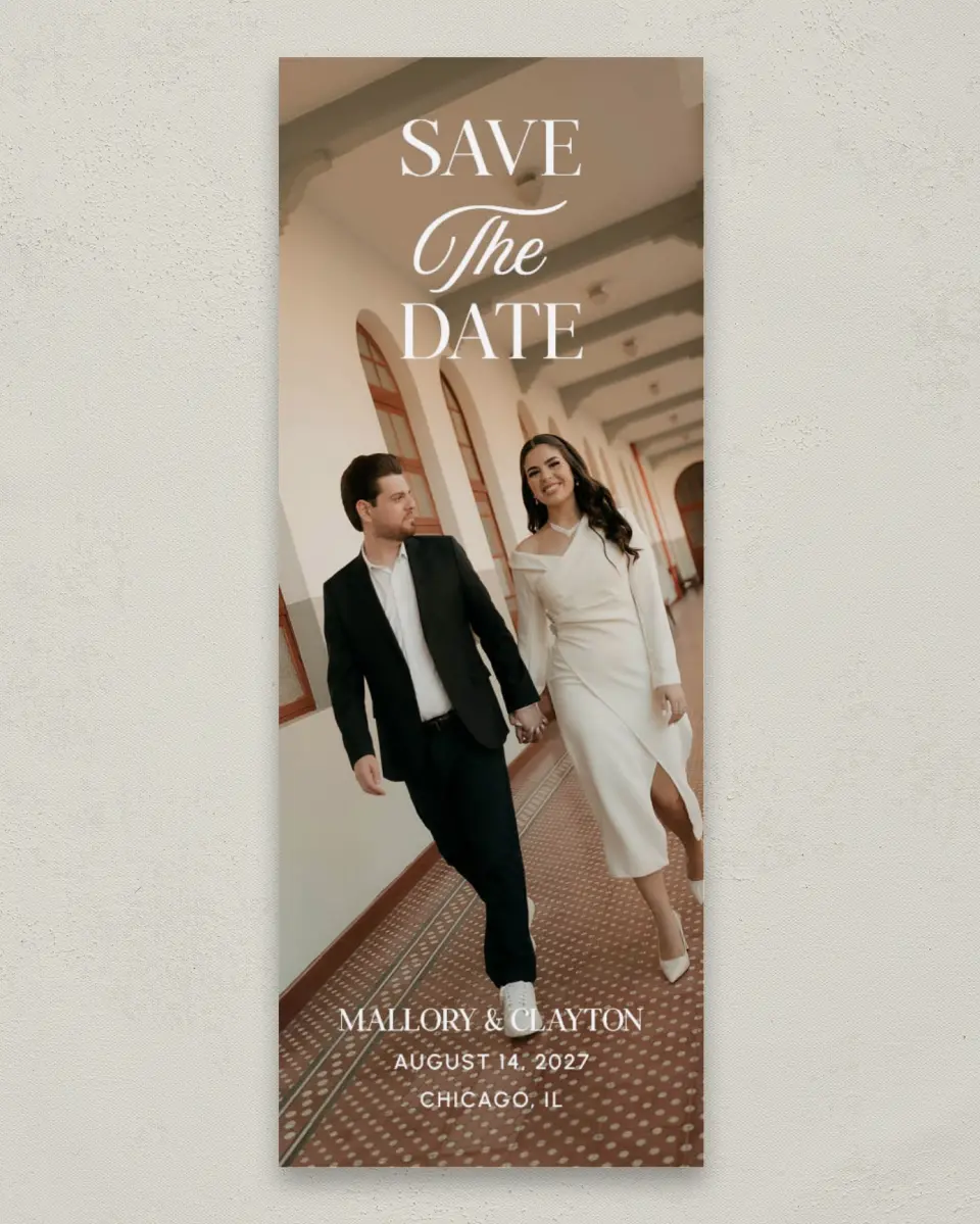 This is a 2¼" x 5⅞" Save the Date Card called The Mallory printed in full color on Premium Smooth paper