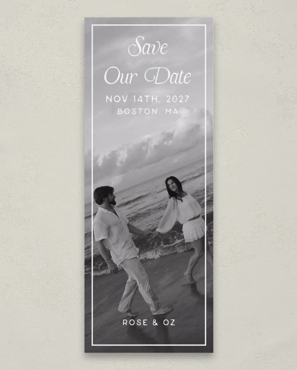 This is a 2¼" x 5⅞" Save the Date Card called The Rosemary printed in full color on Premium Smooth paper