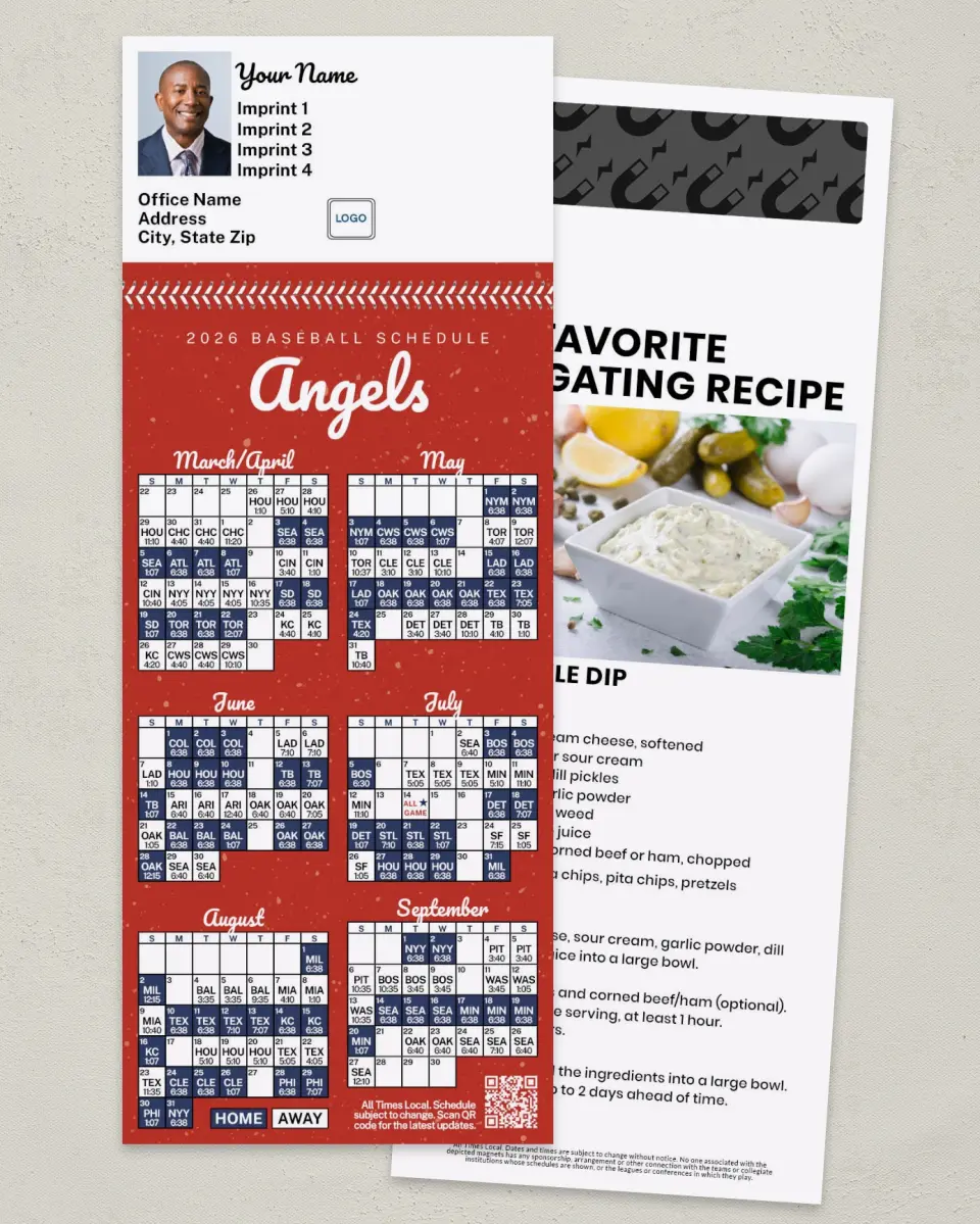 This is a 3½" x 9" Baseball Schedule MagnetCard called Angels printed in full color