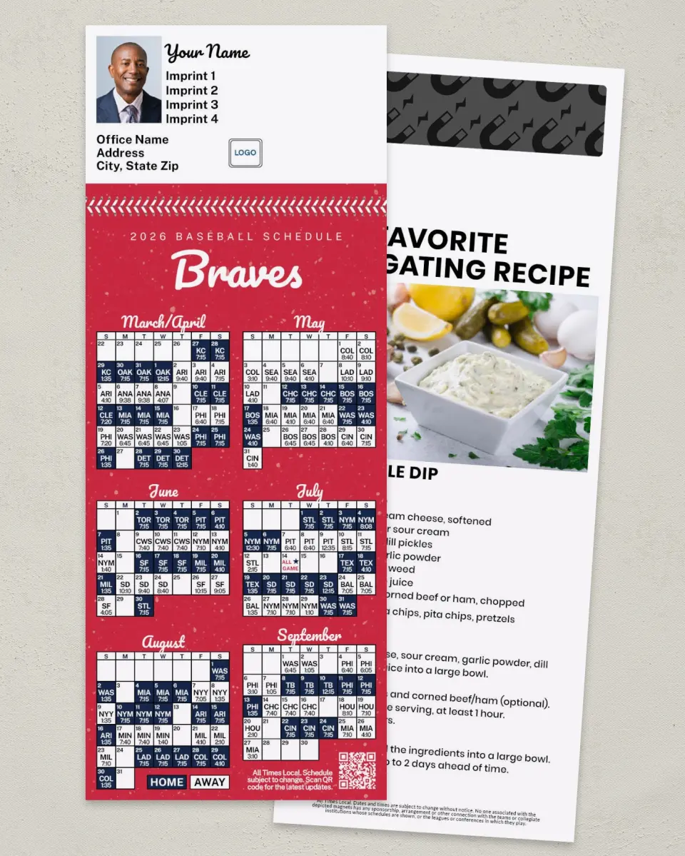 This is a 3½" x 9" Baseball Schedule MagnetCard called Braves printed in full color