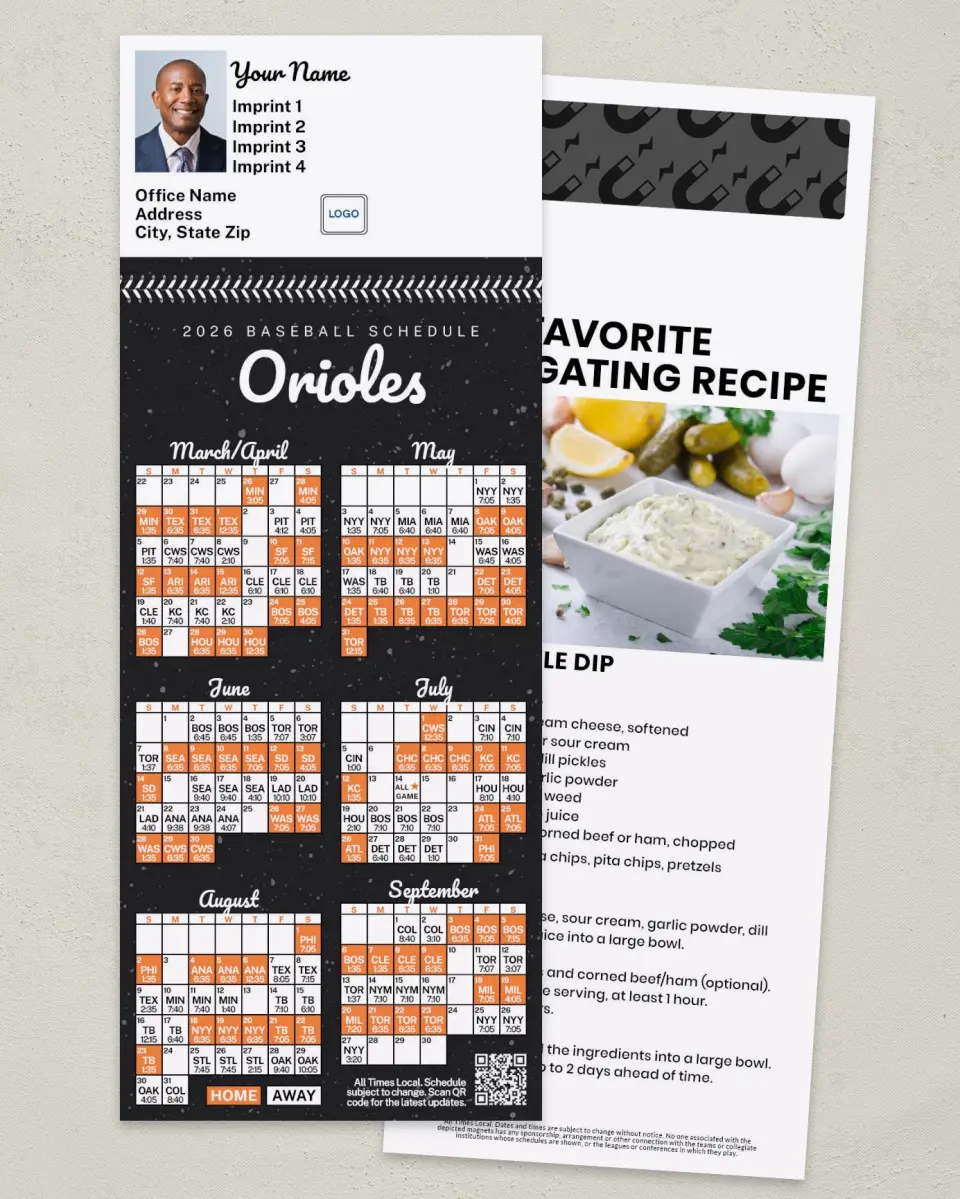 This is a 3½" x 9" Baseball Schedule MagnetCard called Orioles printed in full color